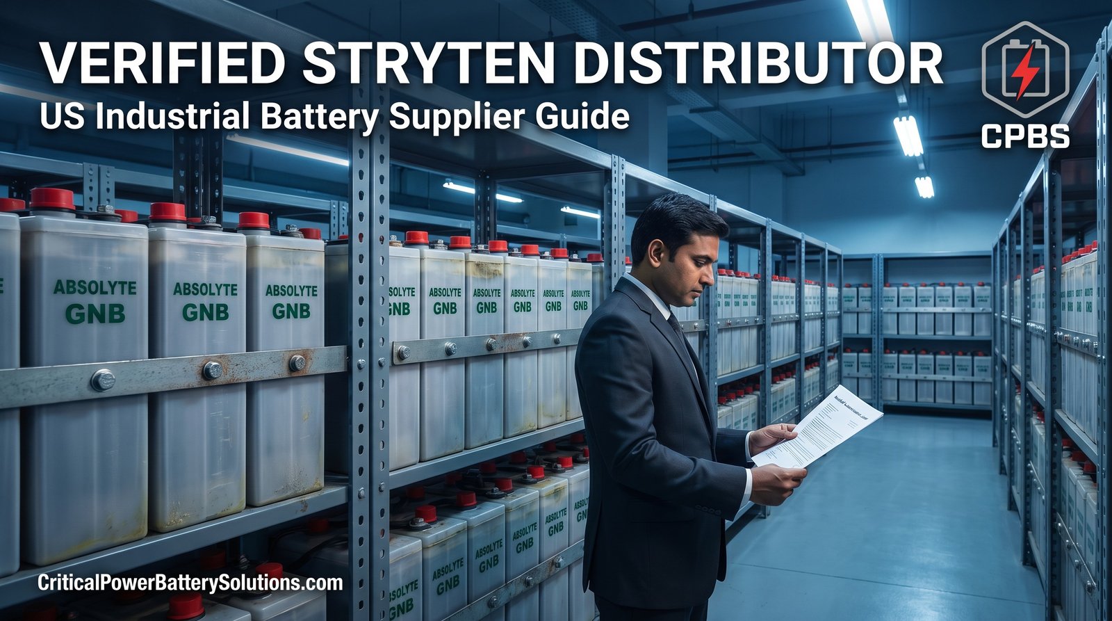 Procurement officer reviewing Stryten Energy authorization letter beside rows of ABSOLYTE GNB industrial battery shelves under industrial warehouse lighting