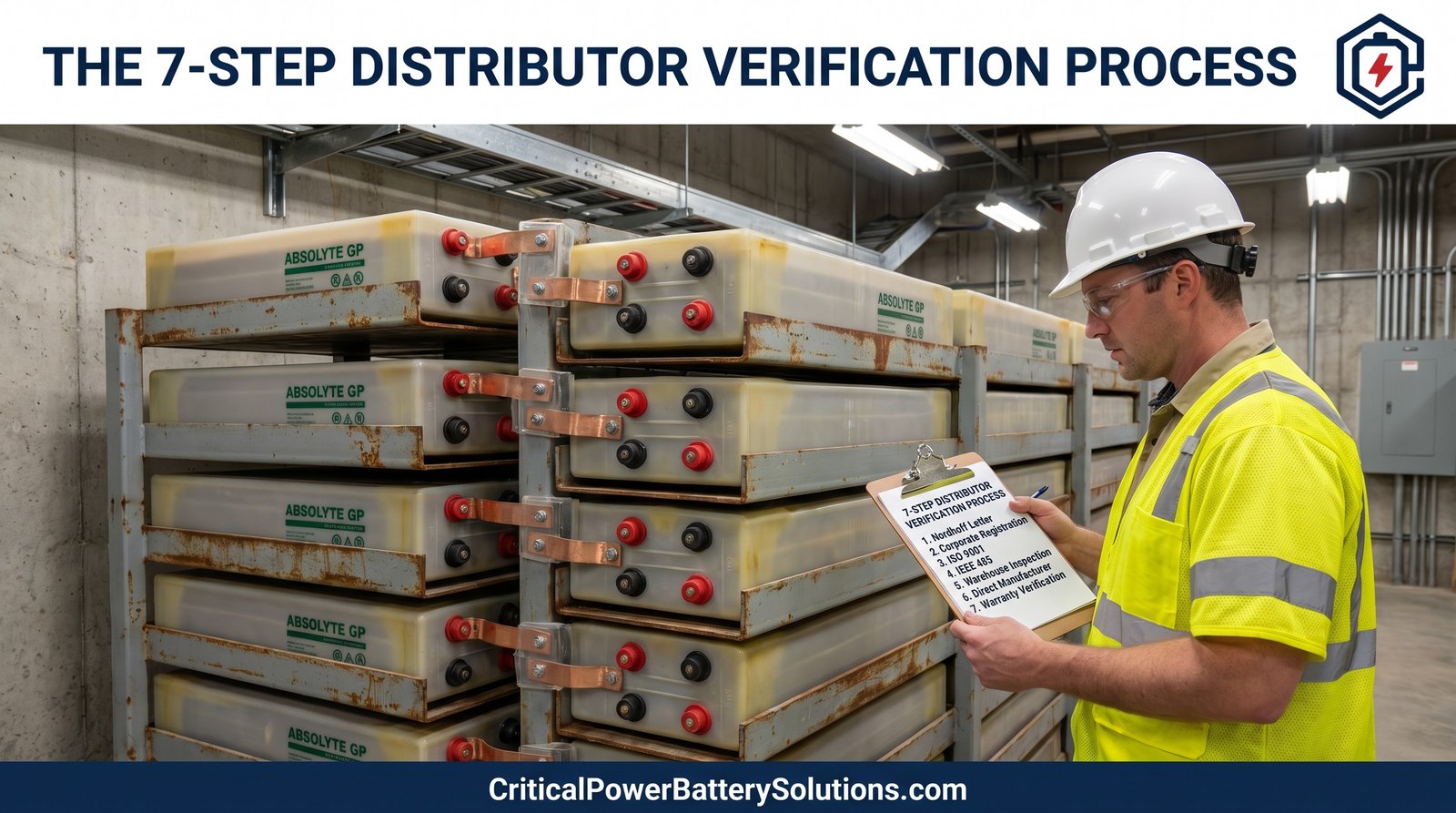 7-Step Stryten Distributor Authentication Process: field worker reviewing Stryten Energy authorization letter checklist beside ABSOLYTE GP battery racks