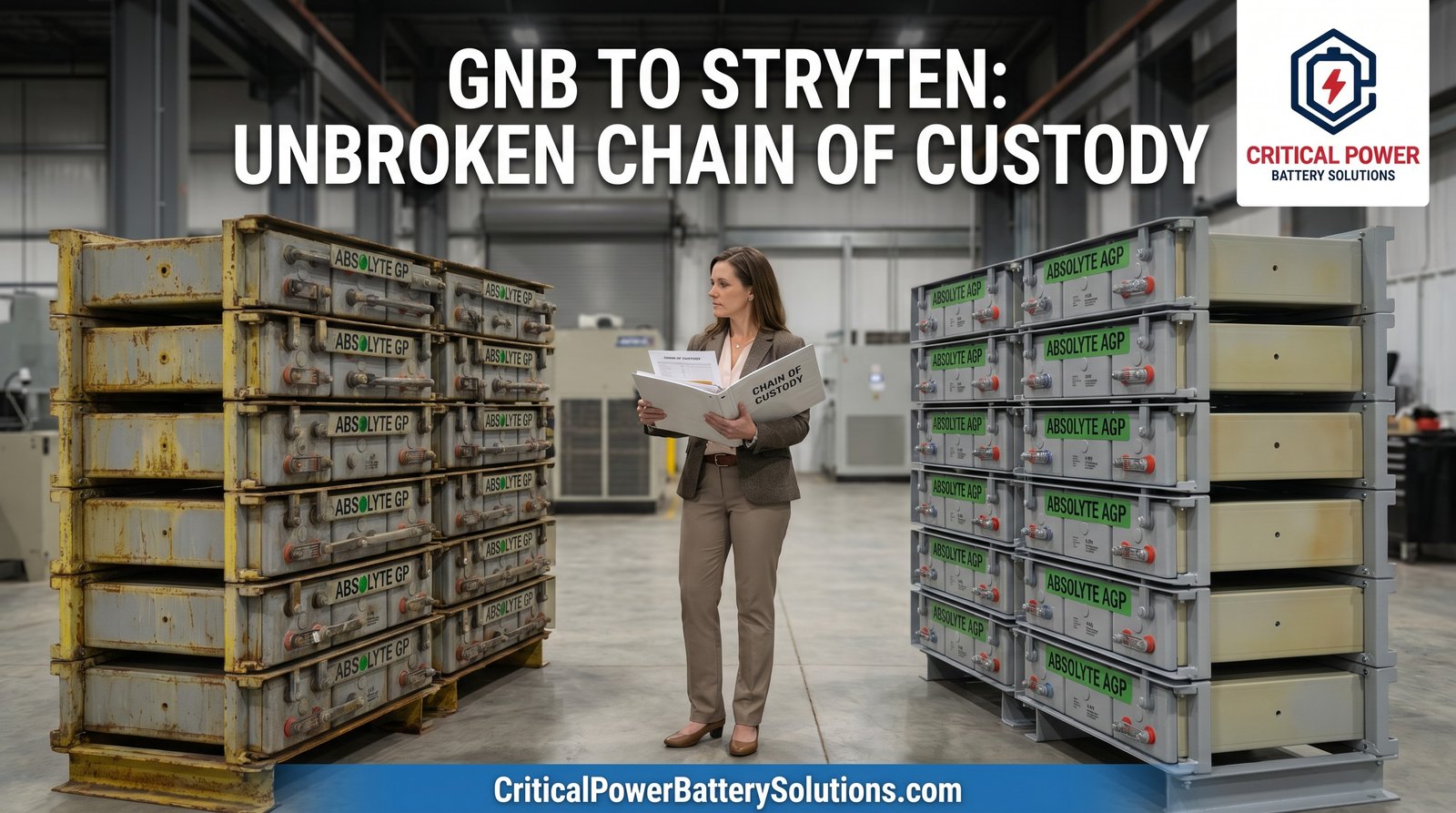 GNB to Stryten unbroken chain of custody: facility engineer reviewing transition documentation between older GNB Industrial Power and newer Stryten Energy ABSOLYTE pallets, 1983-2020 timeline