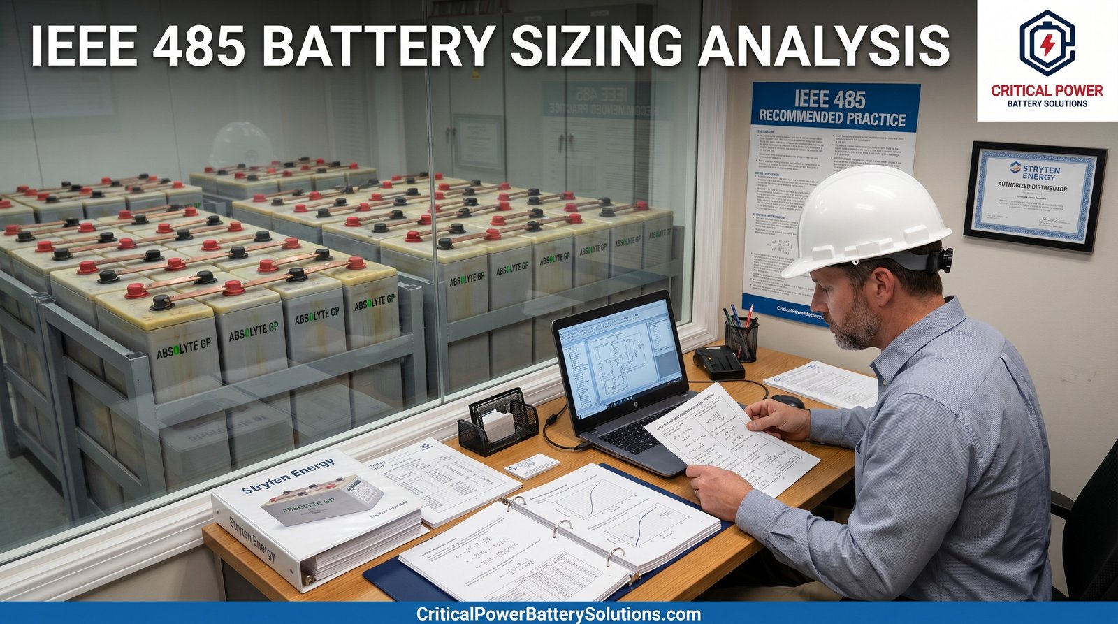 Electrical engineer at desk reviewing IEEE 485 battery sizing report and GNB Absolyte procurement specifications, IEEE 485 Recommended Practice poster on wall, battery room visible through window