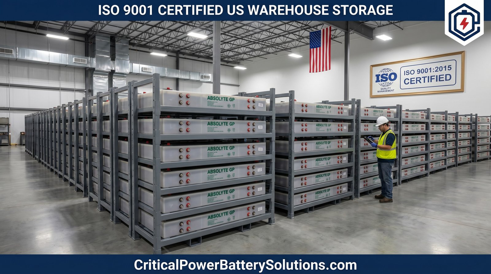 ISO 9001:2015 certified US warehouse storing fresh ABSOLYTE GP battery racks in climate-controlled environment with American flag and certification plaque visible, US-based authorized distributor