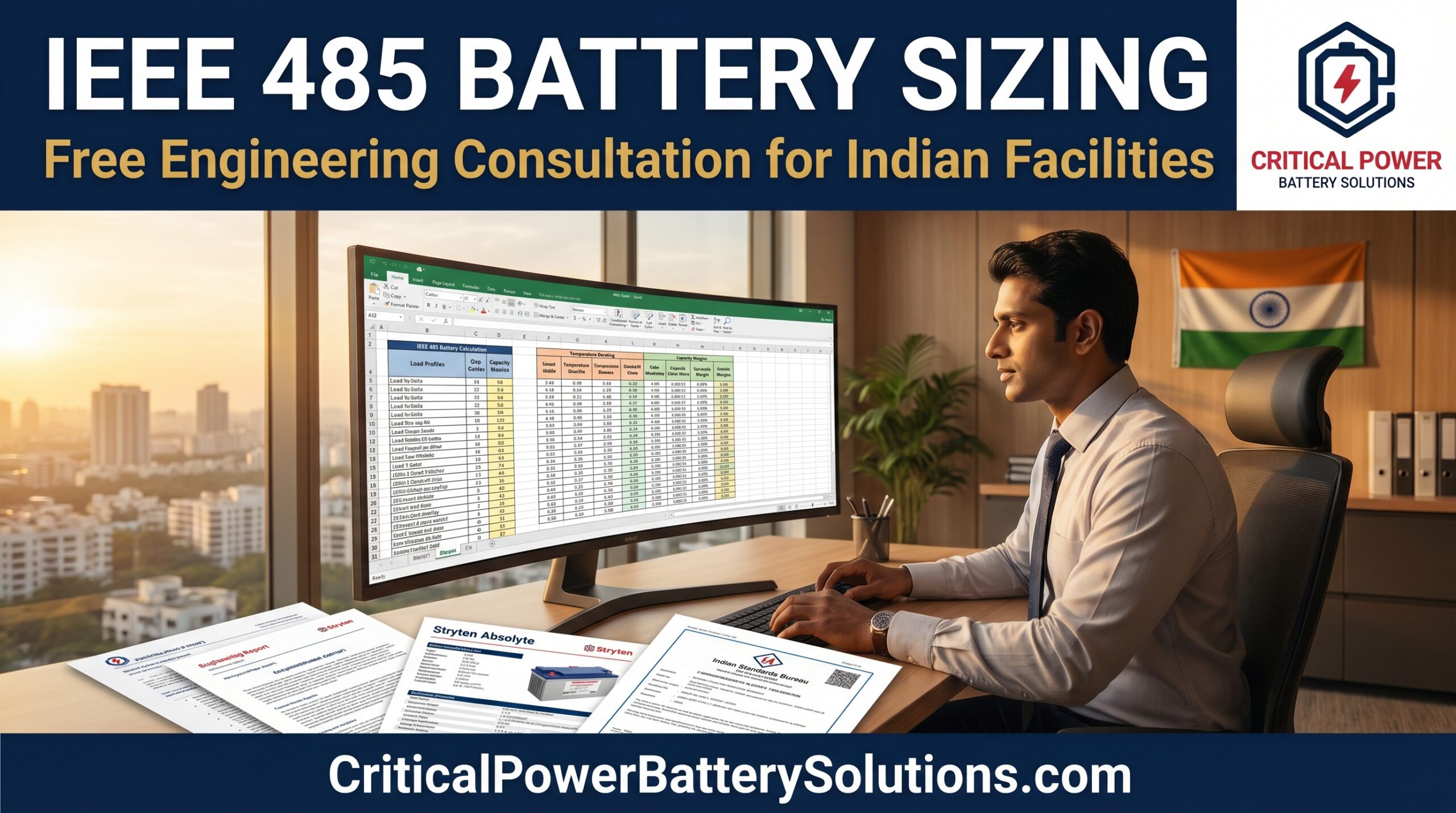 Electrical engineer in an Indian office performing IEEE 485 battery sizing calculations for mission-critical infrastructure.