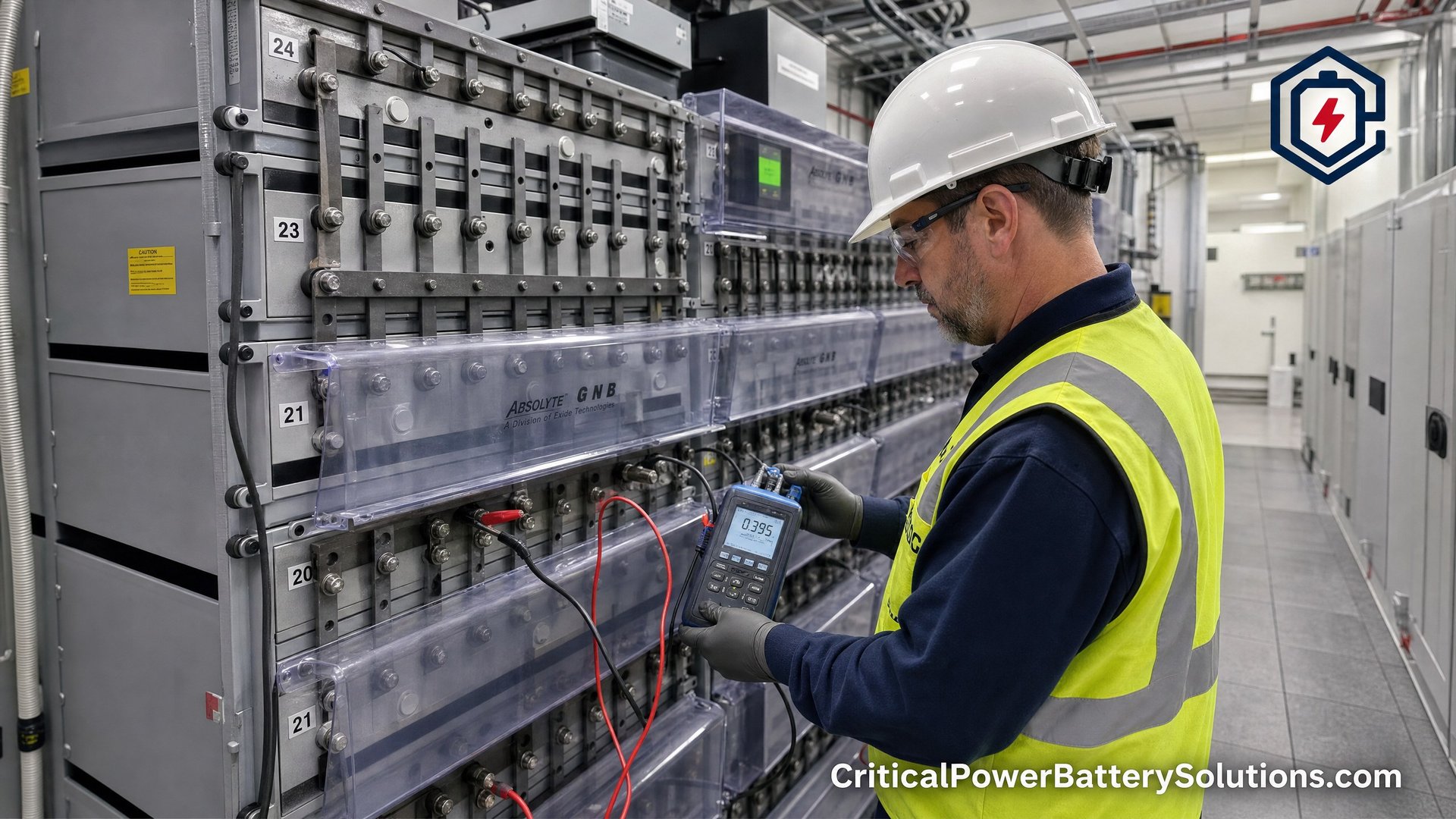 Technician performing rigorous UPS battery testing on industrial VRLA racks in a modern data center.