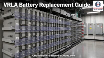 Industrial telecom battery rack in a US data center prepared for VRLA battery replacement, showing high-density 2V GNB Absolyte cells on modular steel trays.