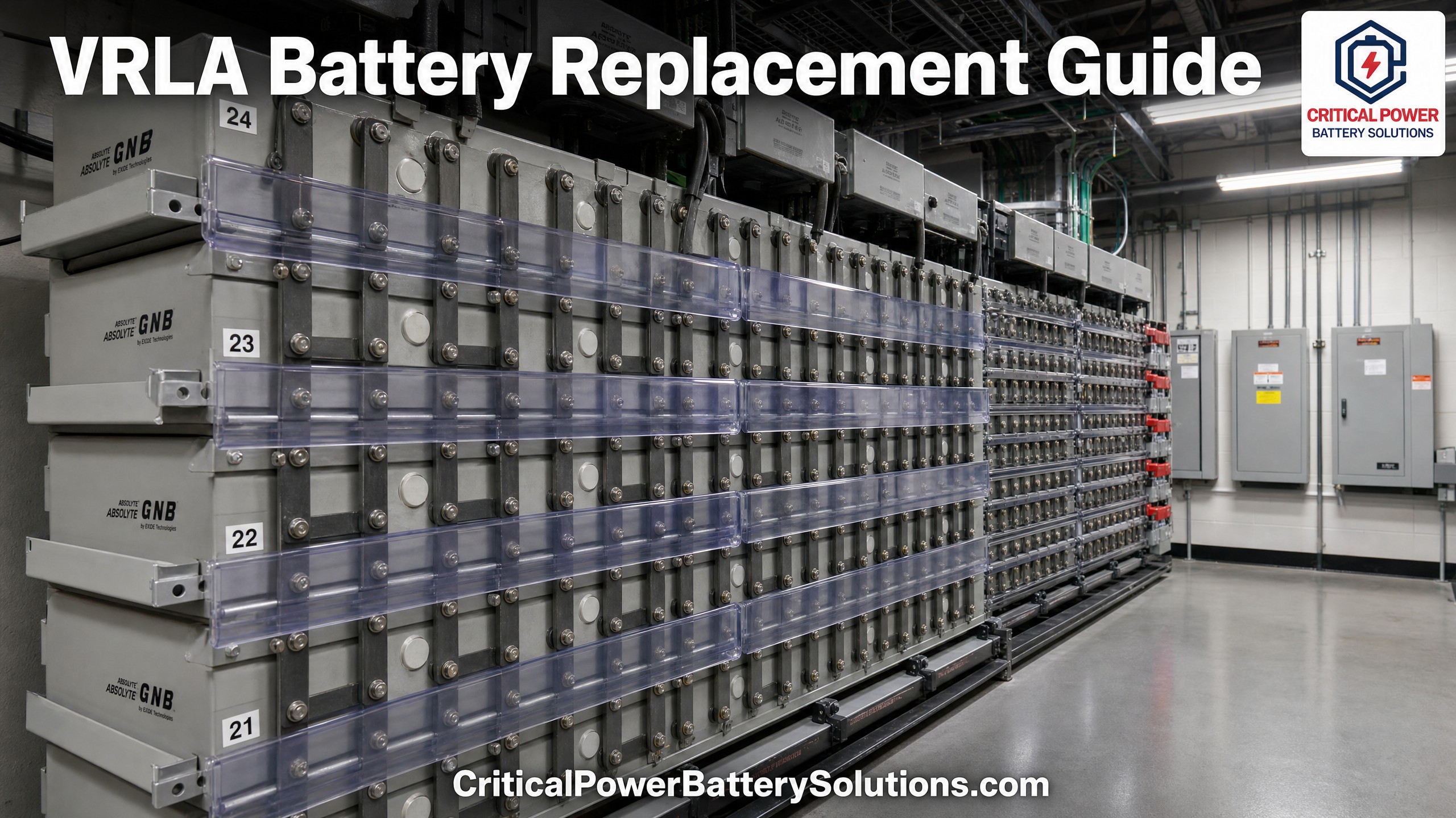Industrial telecom battery rack in a US data center prepared for VRLA battery replacement, showing high-density 2V GNB Absolyte cells on modular steel trays.