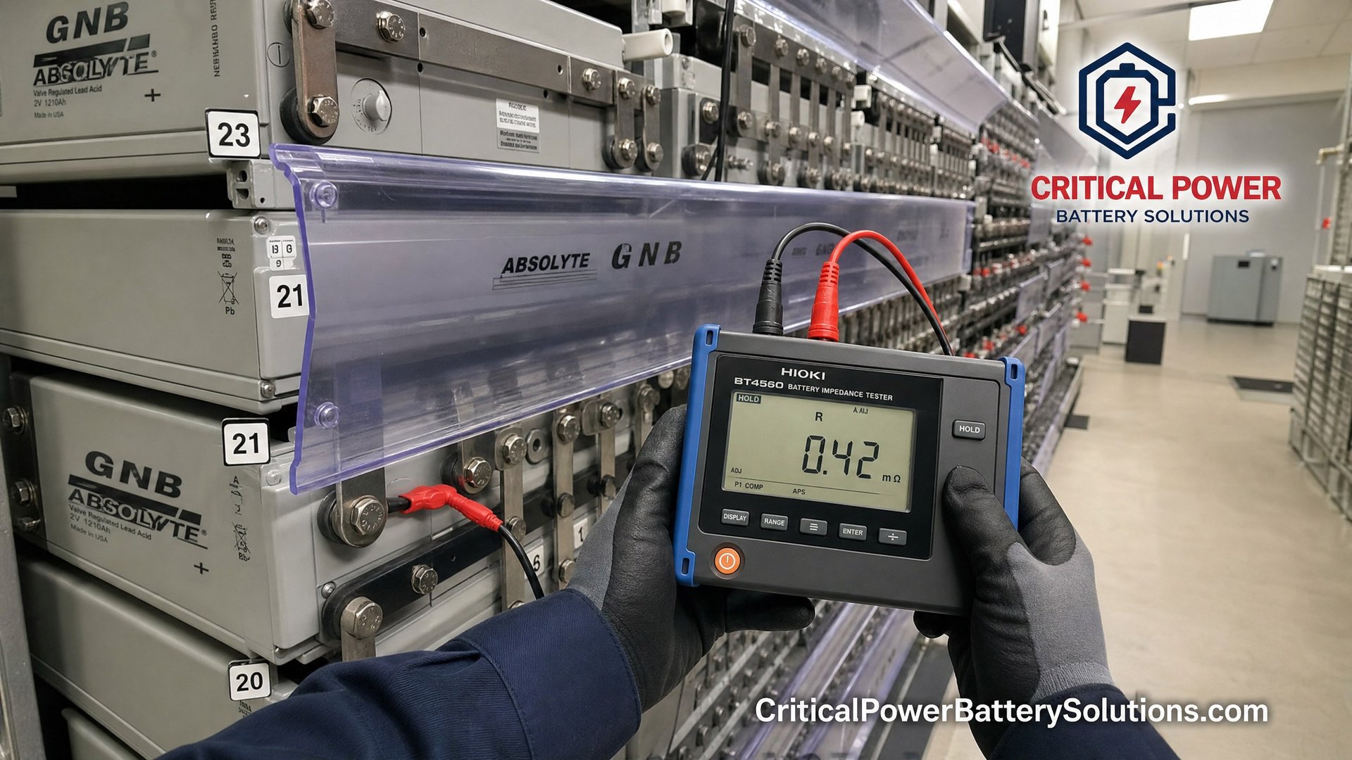 Technician performing IEEE 1188 internal resistance testing on GNB Absolyte VRLA battery cells with a Hioki impedance tester.