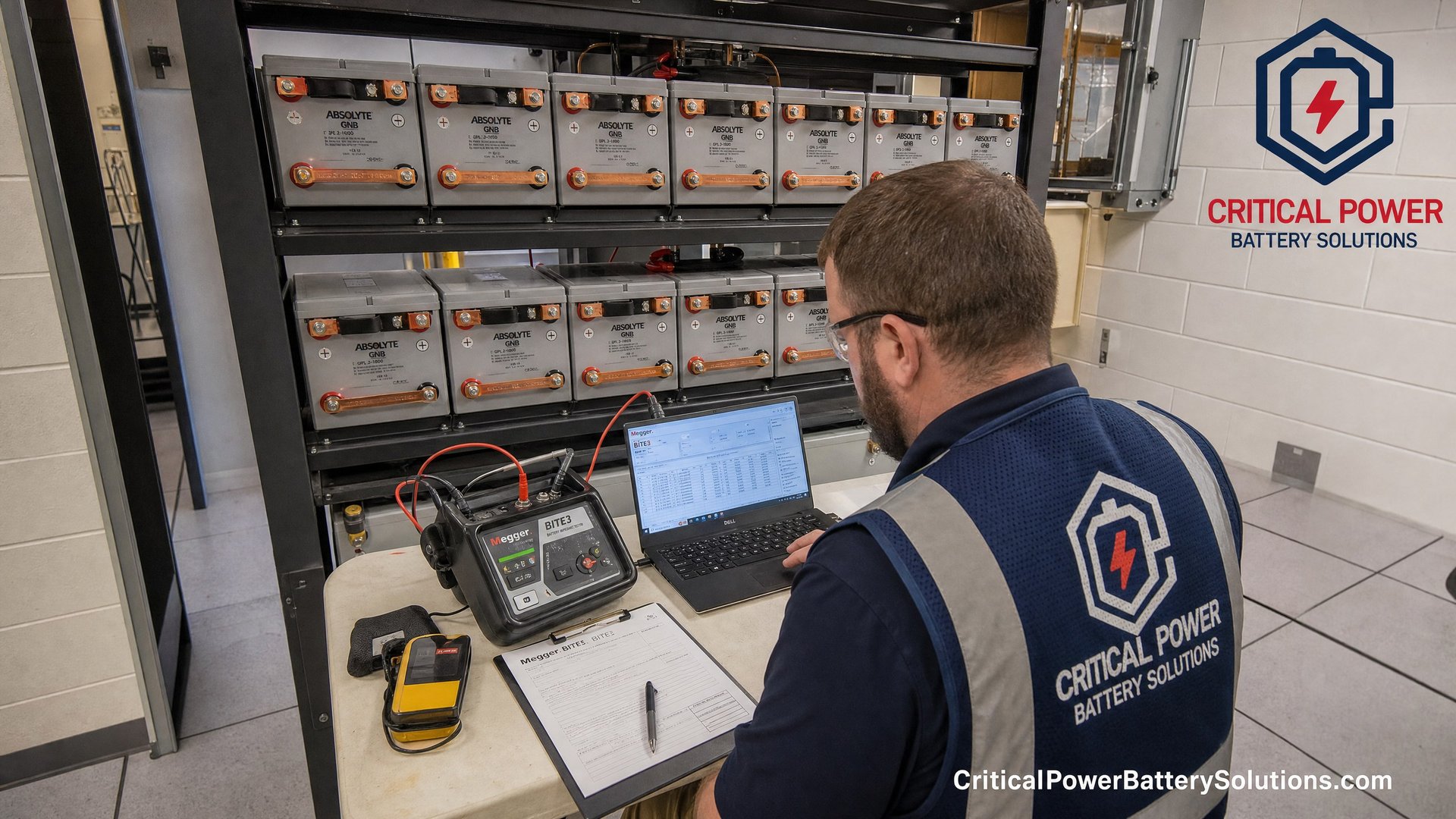 Critical Power Battery Solutions field engineer performing baseline commissioning tests on a newly installed Stryten Energy Absolyte battery string.