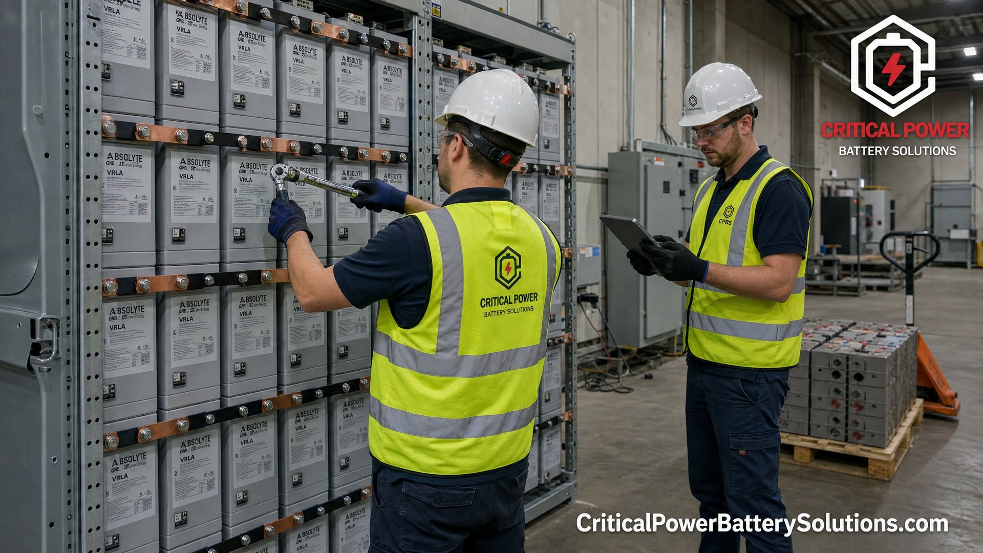 Two engineers installing new Stryten Energy Absolyte VRLA battery cells into a heavy-duty steel rack while reviewing an IEEE 485 sizing report.