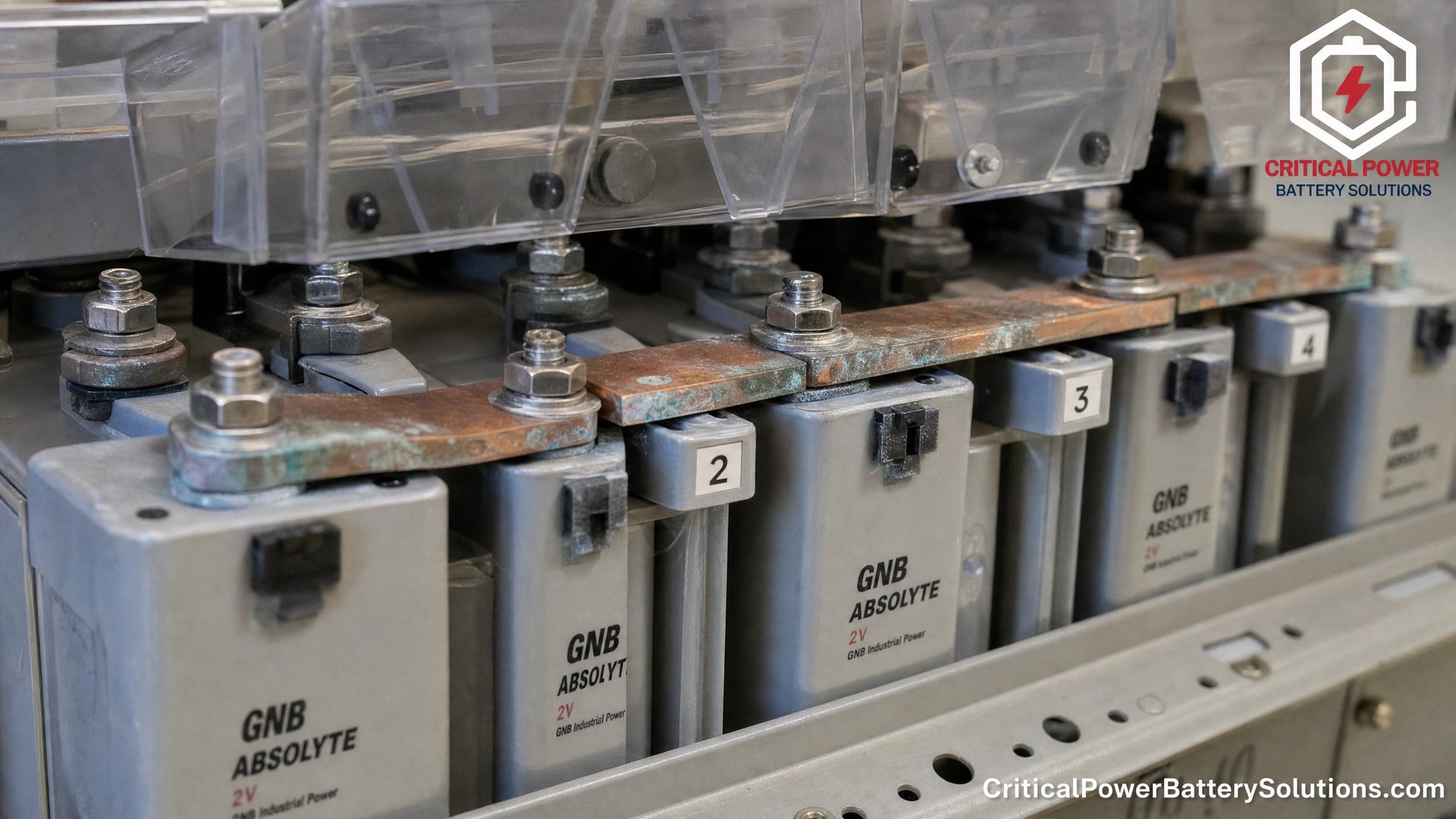 Macro close-up of GNB Absolyte VRLA battery inter-cell connections, lead alloy terminal posts, and copper bus bars.