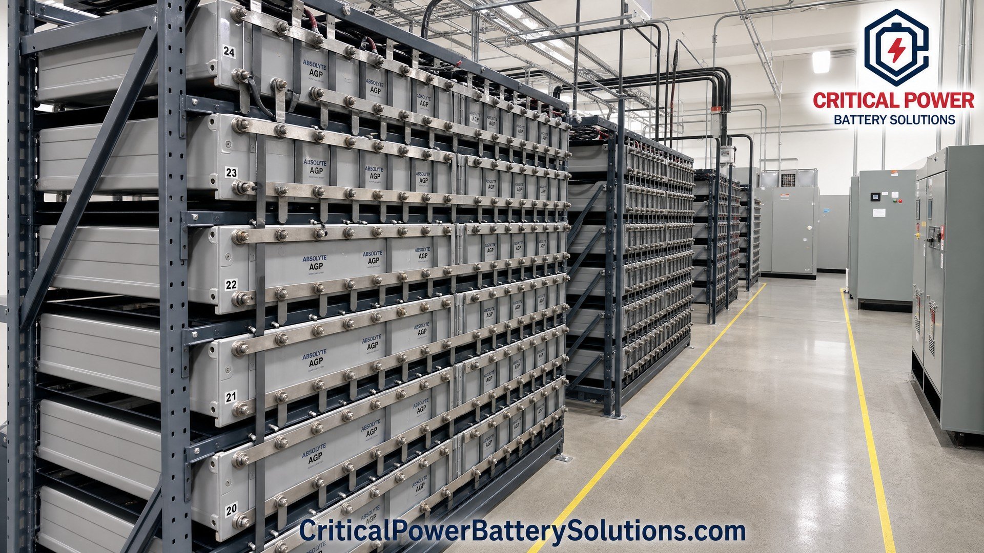 Large-scale data center UPS battery room with multiple rows of Absolyte AGP 2V VRLA cells in steel racks alongside UPS equipment cabinets and cable management trays.