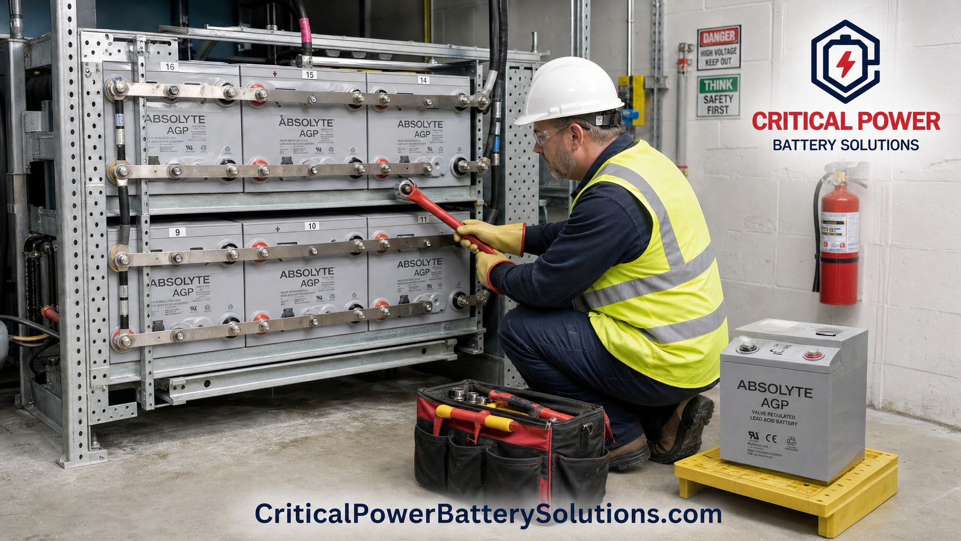 Battery technician in full PPE performing Stryten Absolyte AGP string replacement in industrial facility, using insulated tools to torque aluminum bus bar connections on 2V VRLA cells.
