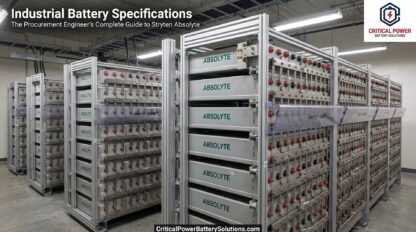 High-tech data center backup room illustrating industrial battery specifications for procurement engineers, showing tall white rack systems with horizontal Stryten Absolyte 2V cells and copper busbar interconnects.