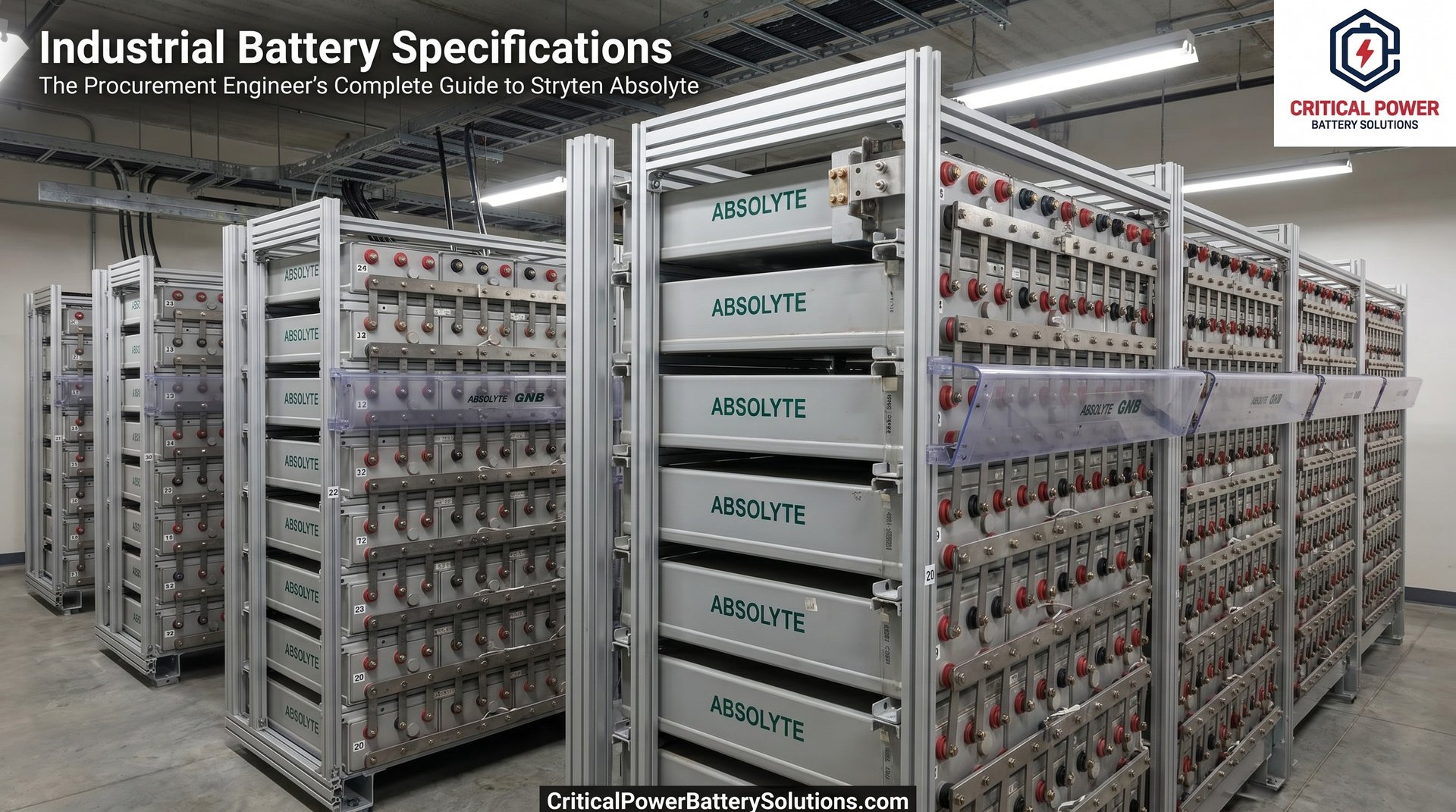 High-tech data center backup room illustrating industrial battery specifications for procurement engineers, showing tall white rack systems with horizontal Stryten Absolyte 2V cells and copper busbar interconnects.