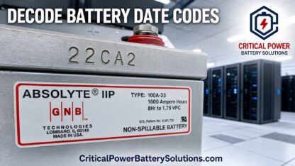 GNB Absolyte IIP steel battery module with an engraved manufacture date stamp, the mark used to determine how old an industrial VRLA battery string is, in a US data center.