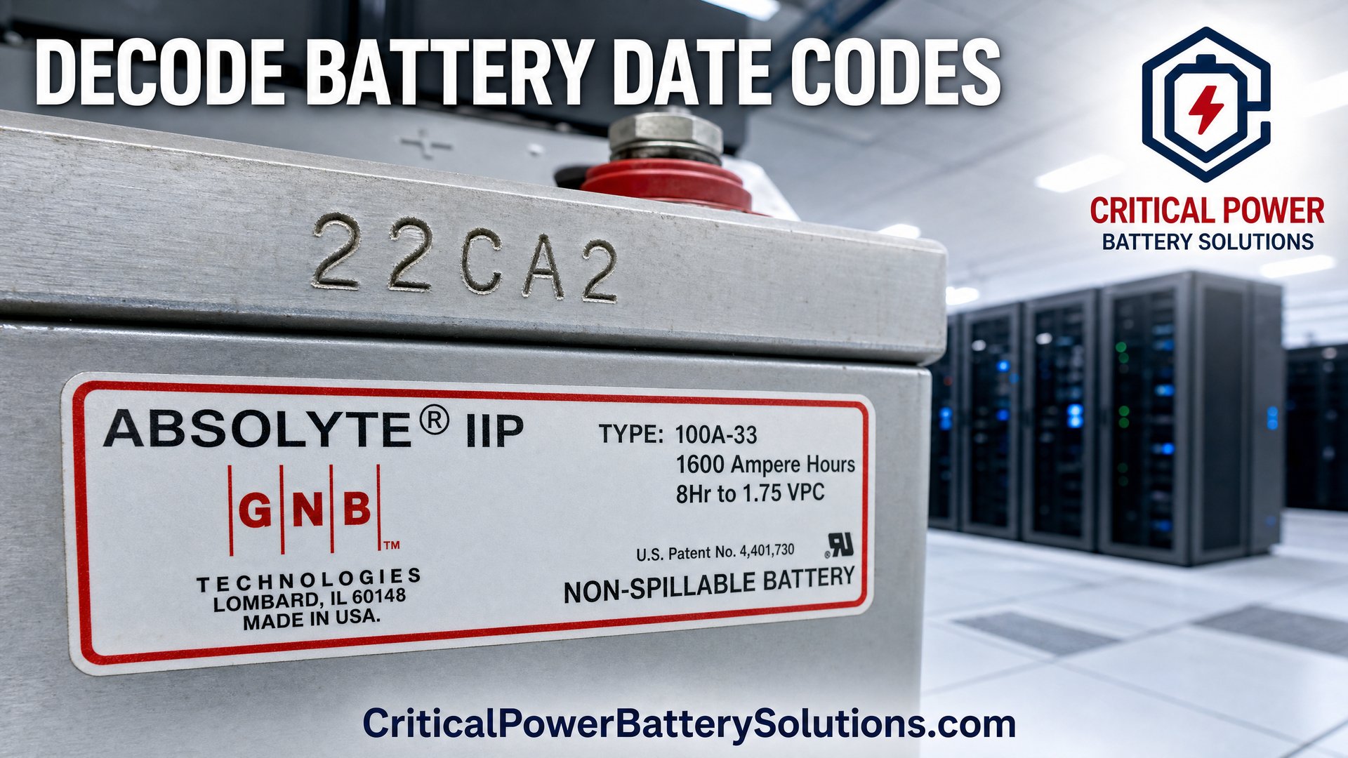 GNB Absolyte IIP steel battery module with an engraved manufacture date stamp, the mark used to determine how old an industrial VRLA battery string is, in a US data center.