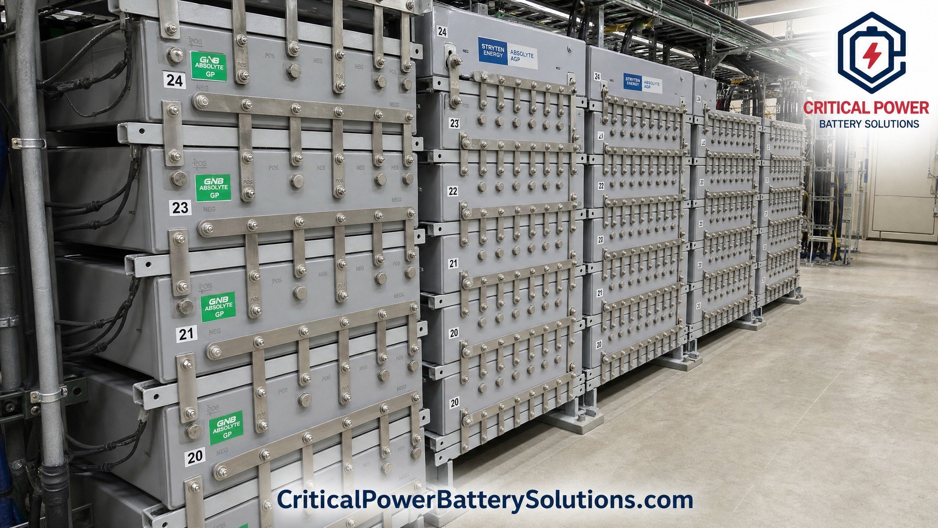 Side-by-side comparison of legacy GNB Absolyte GP and new Stryten Energy Absolyte AGP 2V VRLA cells in industrial steel racks showing the brand transition.