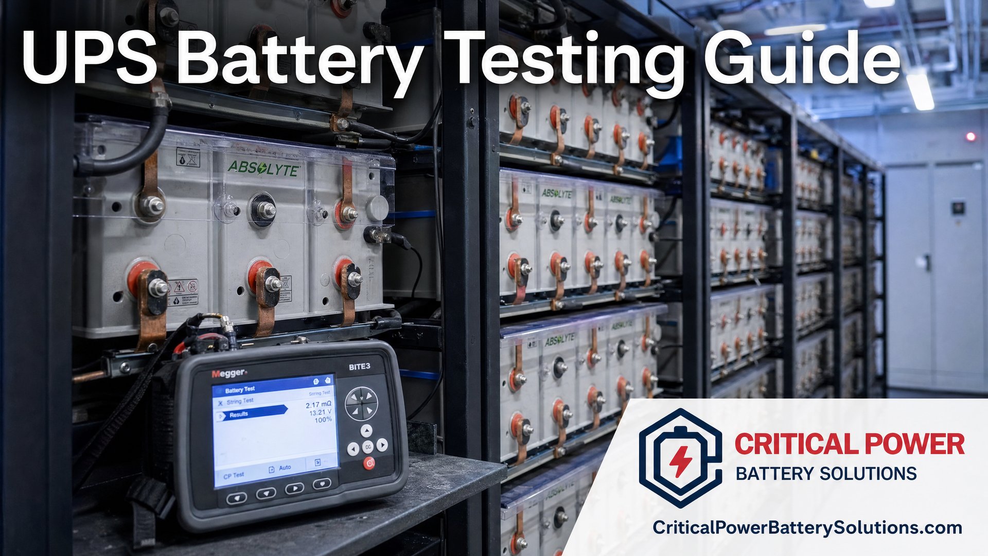 Technician diagnosing a GNB Absolyte battery string in a data center, showing why normal voltage does not confirm a healthy VRLA battery.