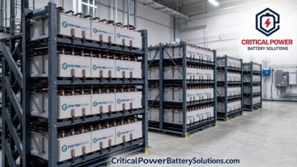 Stryten Absolyte AGP battery string showing the gap between the 20 year design life and the shorter real world service life