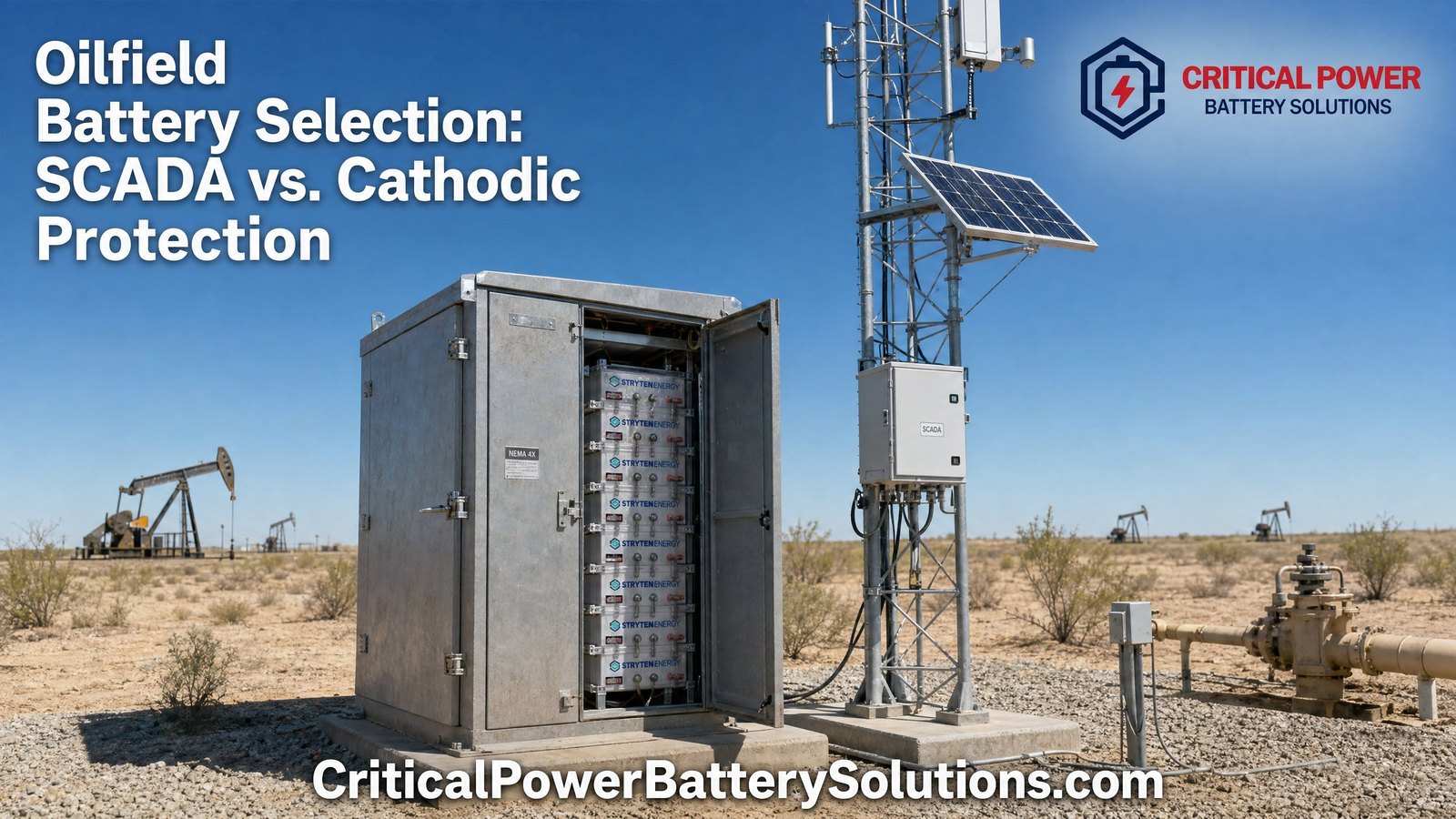 Stryten Absolyte AGP sealed VRLA AGM battery in an area-appropriate enclosure beside a SCADA mast at a remote Class I Division 2 oil and gas wellpad
