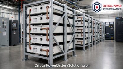 Stryten Absolyte AGP 2V VRLA AGM battery modules on multi-tier seismic steel racks in an industrial battery room, the current production replacement for legacy GNB Absolyte part numbers.