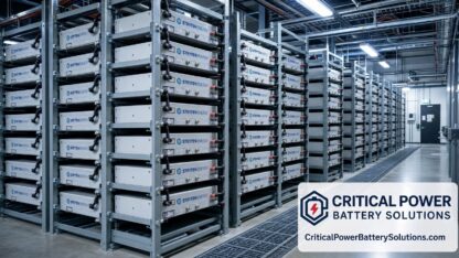 Stryten Absolyte AGP 2V VRLA AGM battery strings on multi-tier steel racks in a mission-critical UPS room, the current production successor to legacy GNB Absolyte.
