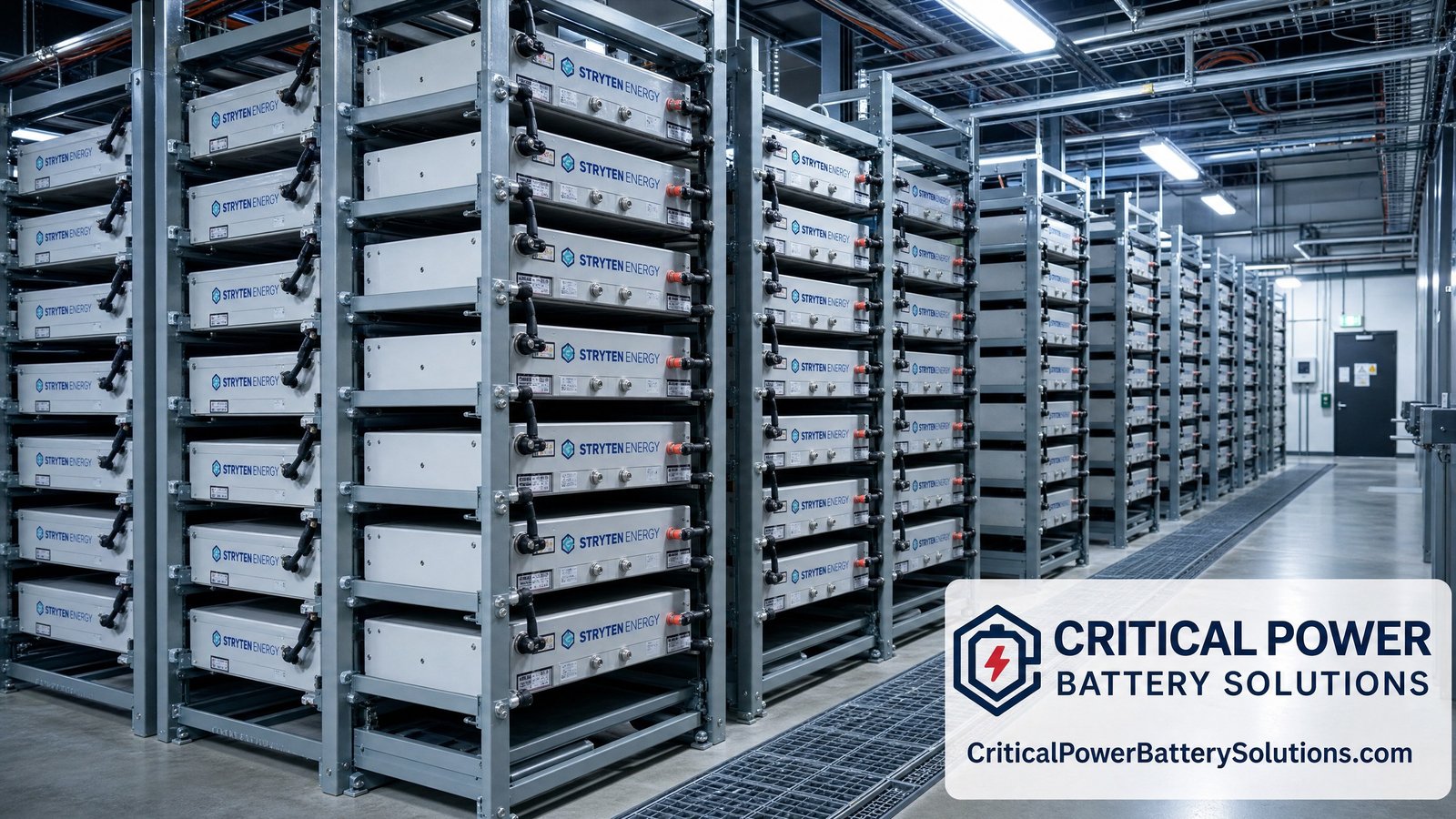 Stryten Absolyte AGP 2V VRLA AGM battery strings on multi-tier steel racks in a mission-critical UPS room, the current production successor to legacy GNB Absolyte.
