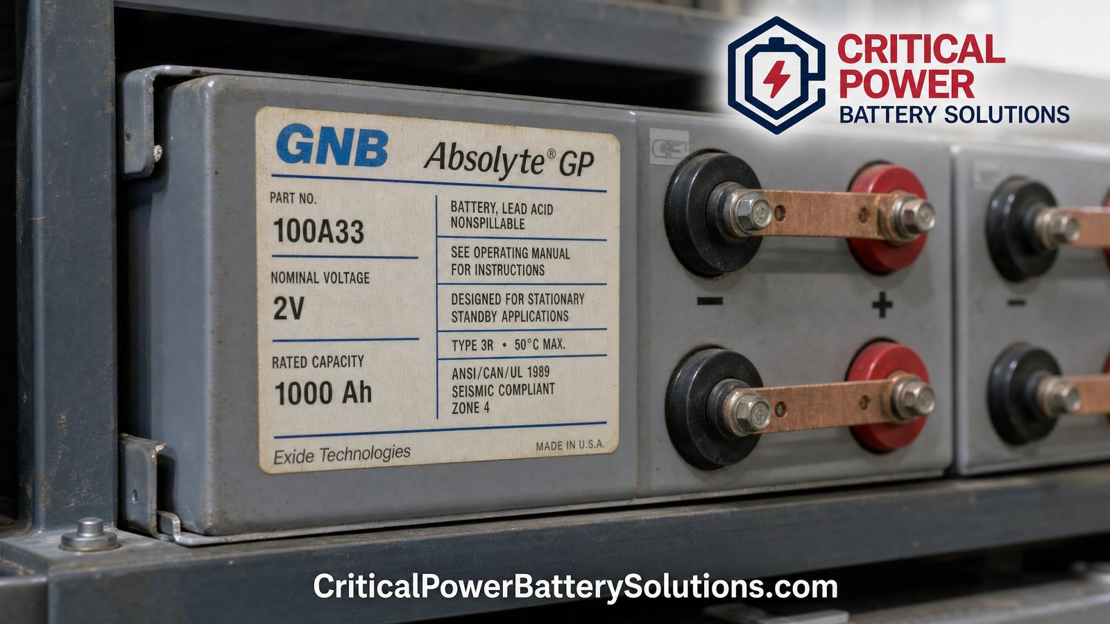 Representative GNB Absolyte GP module front label showing where the part number, nominal voltage, and rated capacity appear on a legacy 2V VRLA cell.