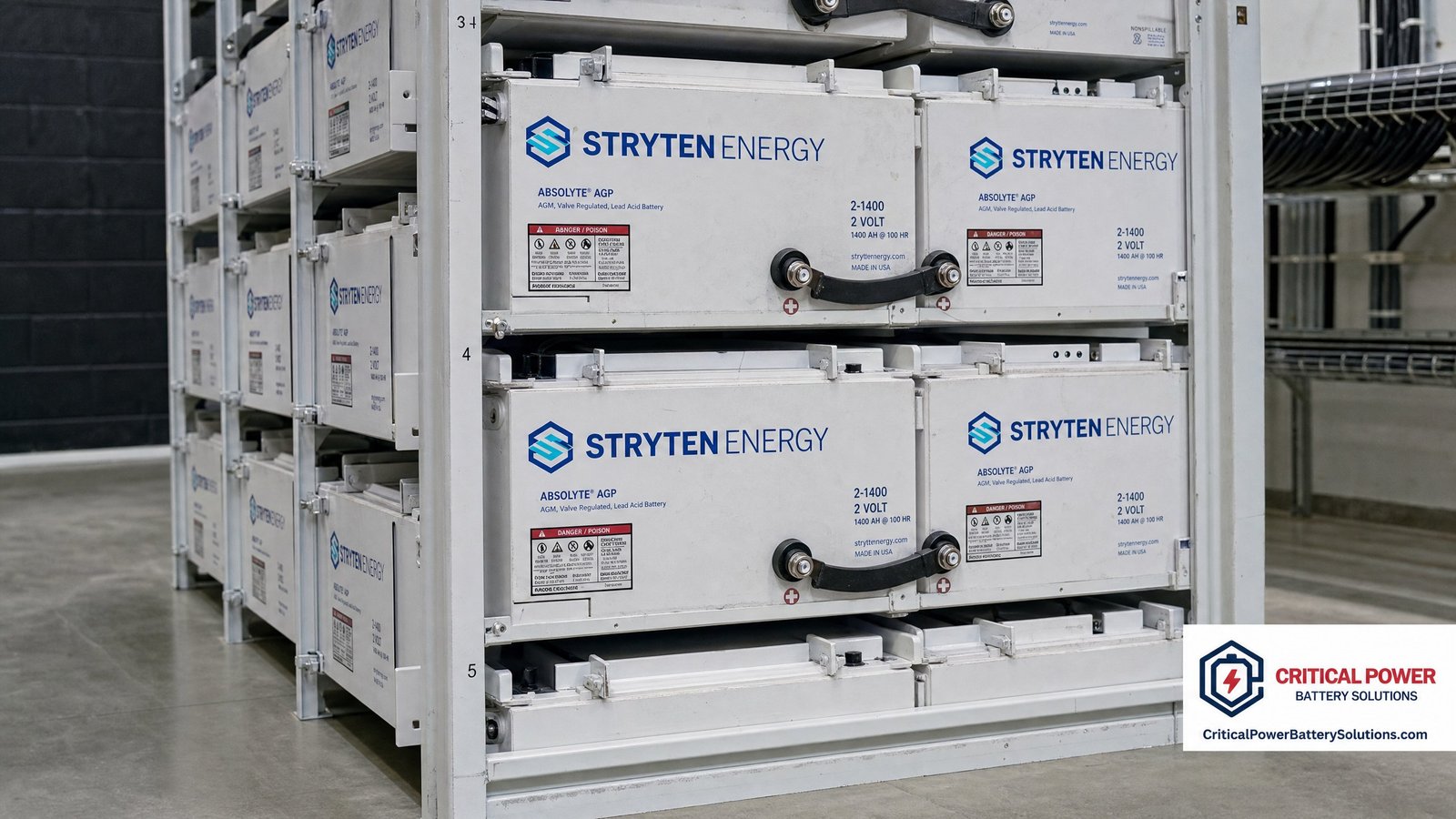 Close-up of Stryten Absolyte AGP 2V cells in an industrial steel battery rack showing terminal geometry and design continuity carried over from legacy GNB Absolyte.