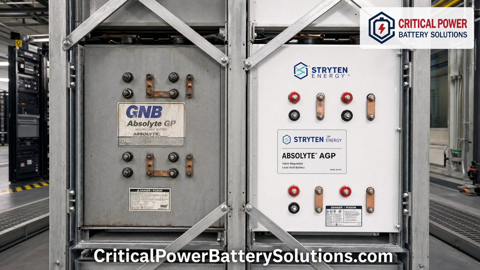 Legacy GNB Absolyte GP module beside a current Stryten Absolyte AGP module in matching racks, showing identical format across the brand transition.