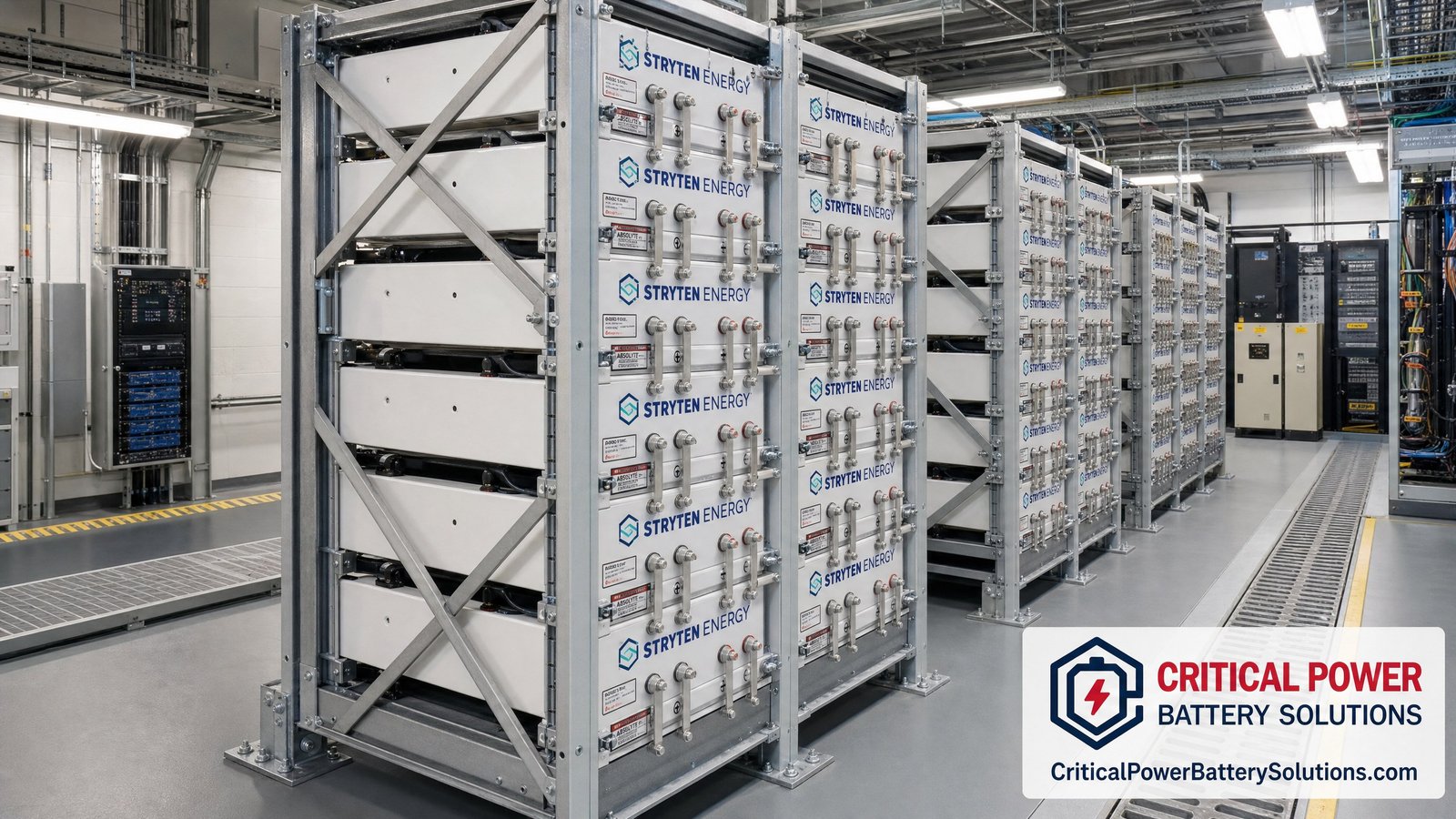 Seismic-rated Stryten Absolyte AGP battery rack in a utility substation, compliant with IEEE 693 and IBC seismic anchoring requirements.