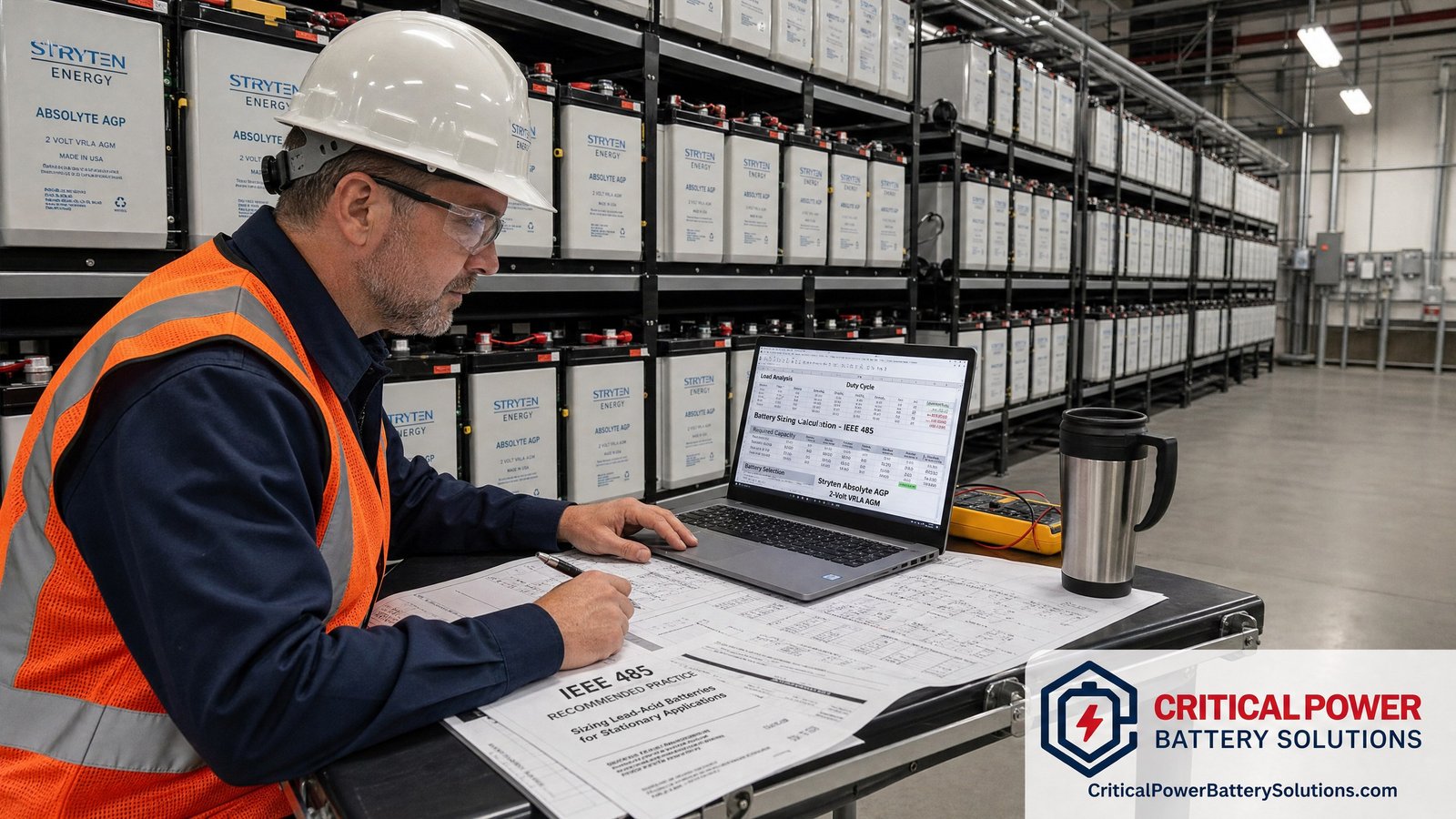 Engineer reviewing Stryten Absolyte AGP specifications and an IEEE 485 sizing worksheet to verify an authentic, authorized battery supply source.