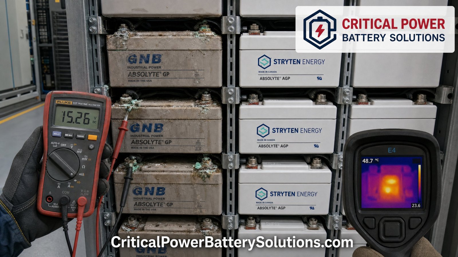 Aging GNB Absolyte GP modules mixed with new Stryten Absolyte AGP modules in one battery string, an installation practice to avoid, shown with multimeter and thermal camera checks.