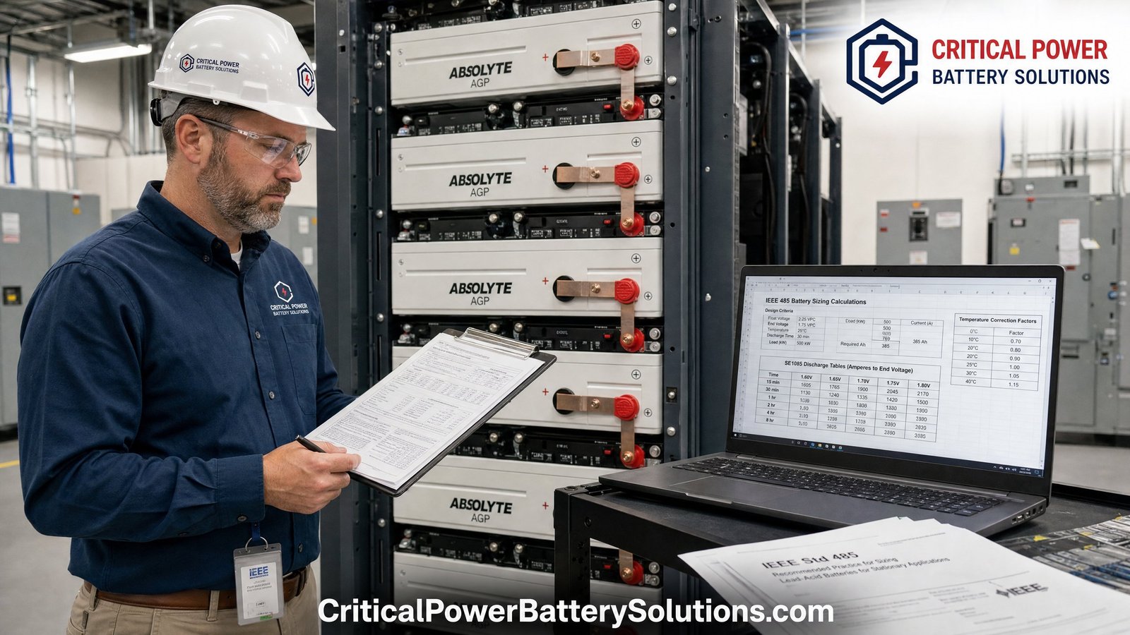 Engineer recording battery string data points on a worksheet in front of Absolyte AGP modules to prepare a GNB part number cross-reference request.