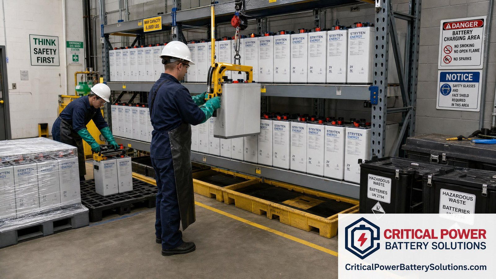 Legacy GNB Absolyte battery modules staged for EPA and OSHA compliant closed-loop recycling under DOT UN 2800 handling.