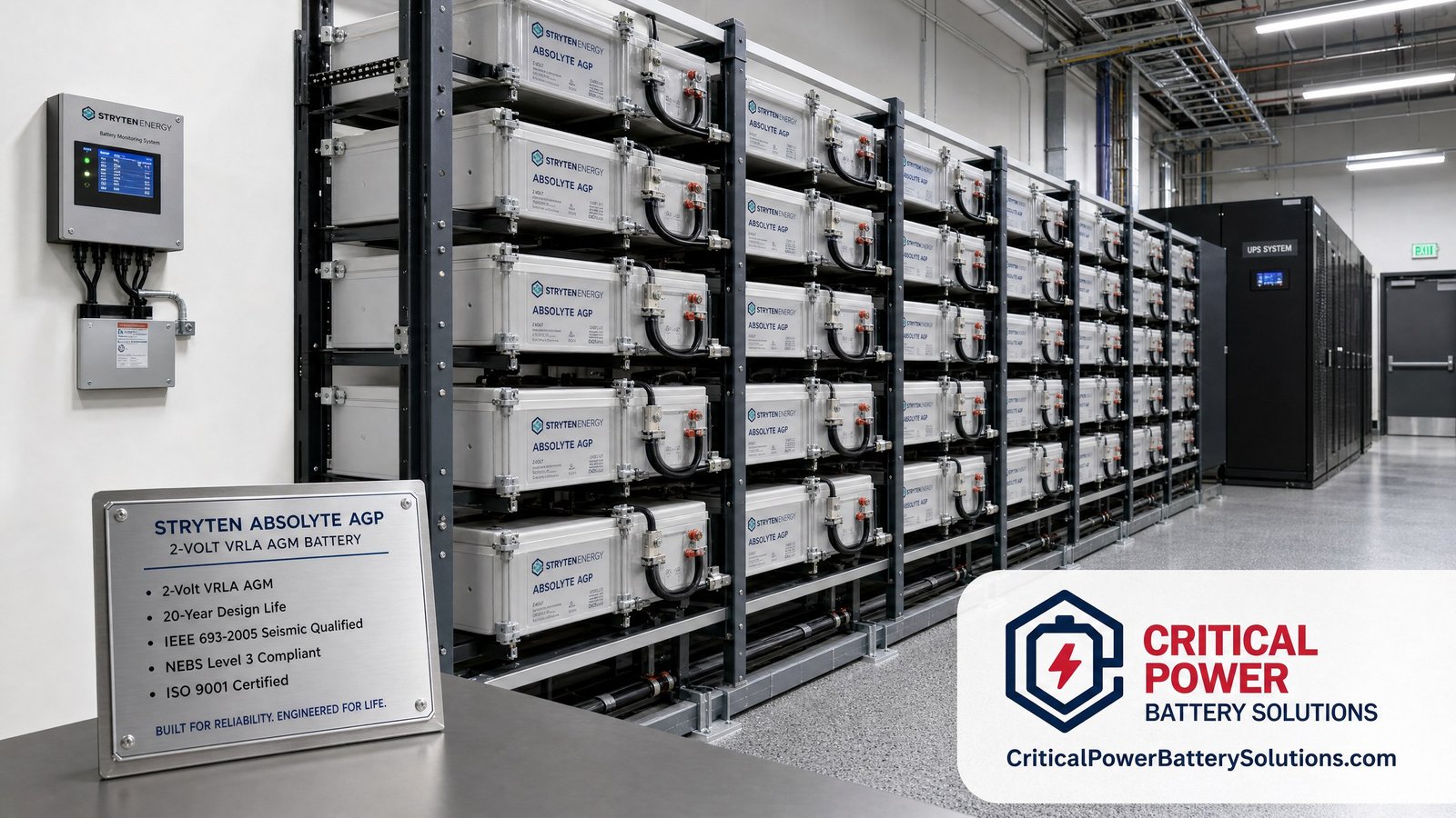 Stryten Absolyte AGP industrial VRLA AGM battery modules staged on a warehouse pallet, the current production equivalent of legacy GNB Absolyte GP.