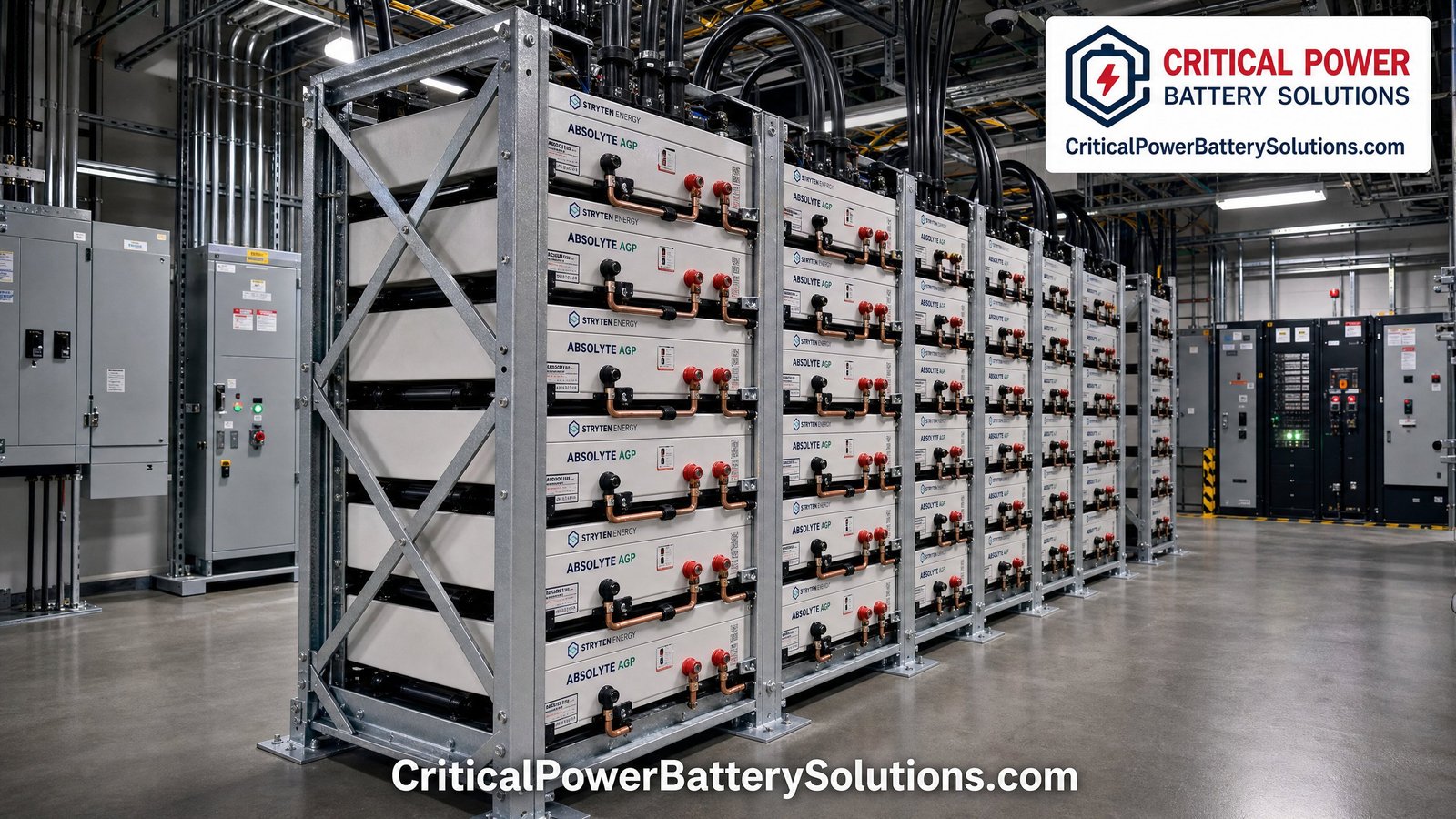 Completed Stryten Absolyte AGP replacement installation on seismic-rated racks in an industrial power room, supplied through an authorized Stryten reseller.