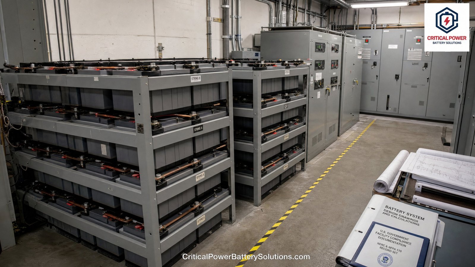 Made in USA Stryten Absolyte AGP battery strings in a contract facility battery room, illustrating government and oil and gas contract battery sourcing