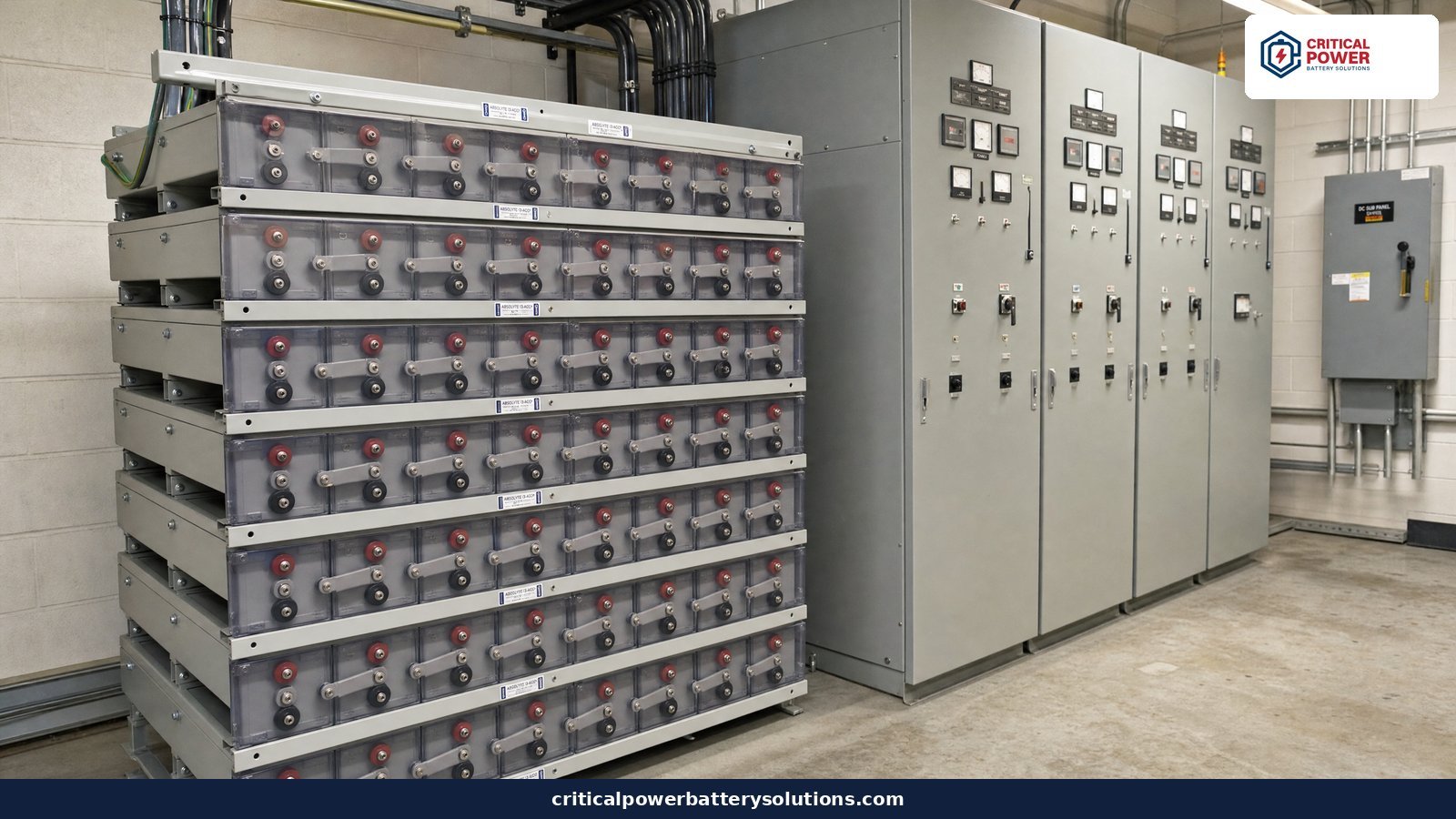 Stryten Absolyte AGP sealed VRLA AGM battery string in a signal and switchgear control house supplying the DC control bus for protection relays and breaker trip and close