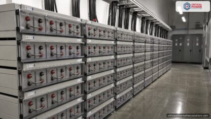 Stryten Absolyte AGP battery stacks in a data center battery room, the starting point for absolyte battery procurement via an authorized reseller