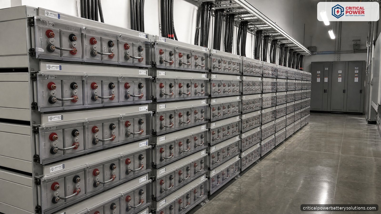 Stryten Absolyte AGP battery stacks in a data center battery room, the starting point for absolyte battery procurement via an authorized reseller