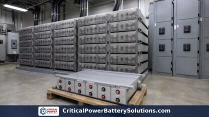 GNB Absolyte GP battery module tray-stack labeled with 50G, 90G, and 100G part numbers, showing how the Stryten Absolyte AGP series continues.