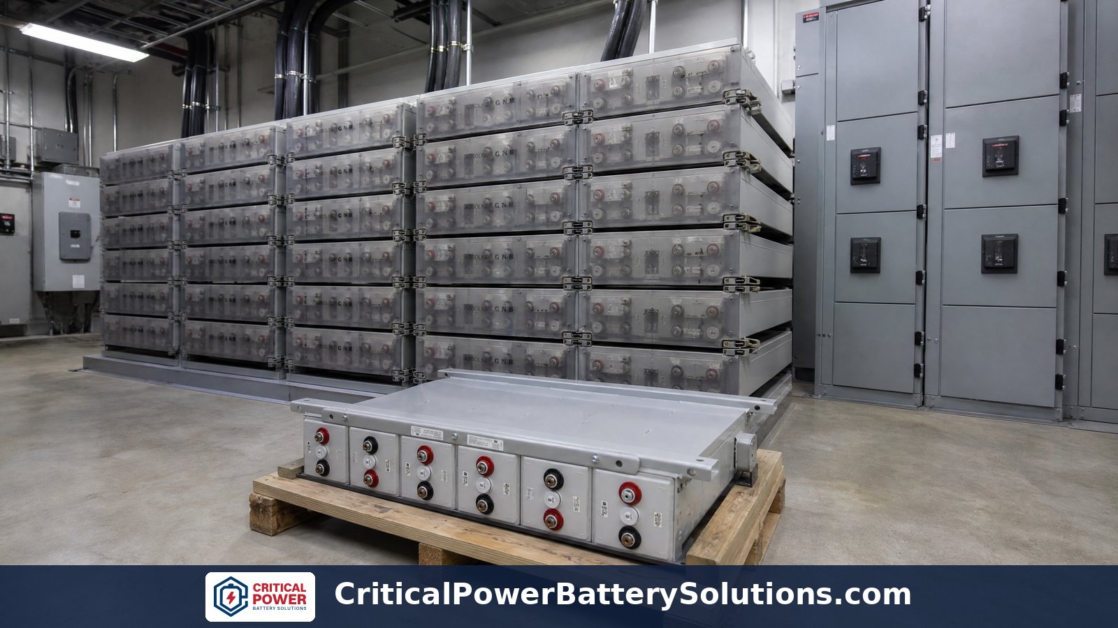 GNB Absolyte GP battery module tray-stack labeled with 50G, 90G, and 100G part numbers, showing how the Stryten Absolyte AGP series continues.
