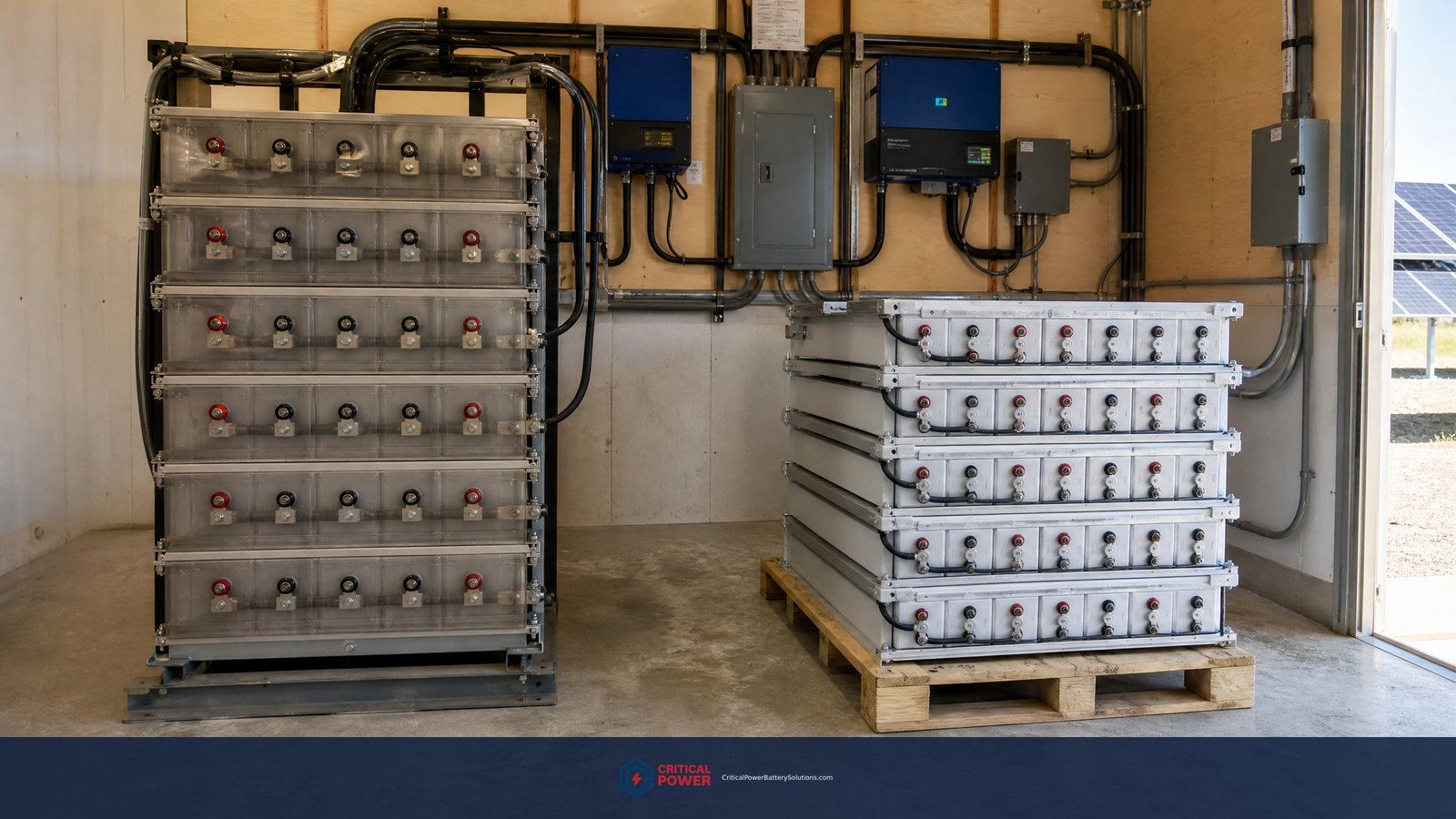 Legacy and current Absolyte battery stacks in a solar power room, the absolyte solar battery replacement path from GNB Absolyte GP to Stryten Absolyte AGP