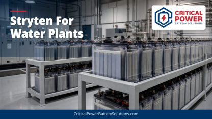 Stryten E-Series flooded battery racks with translucent 2V cells on light-gray steel trays in a municipal water treatment plant DC power room