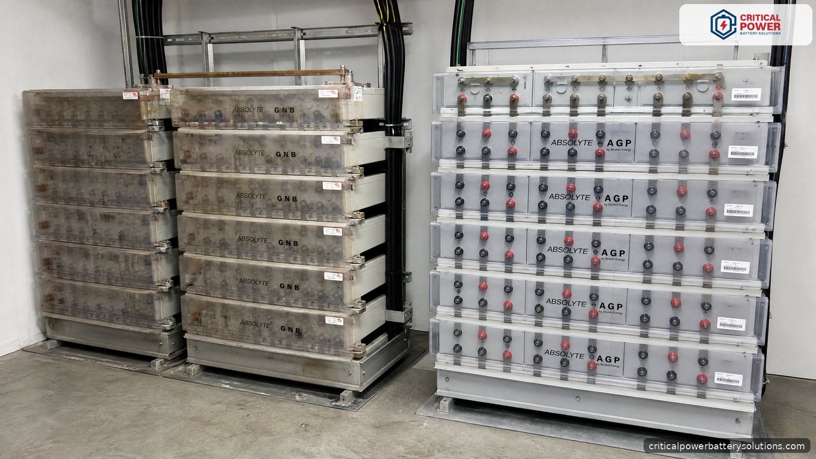 GNB Absolyte to Stryten Absolyte AGP: the like for like replacement purchase Aged GNB Absolyte battery stack beside a new Stryten Absolyte AGP stack, the like for like replacement at the center of absolyte battery procurement