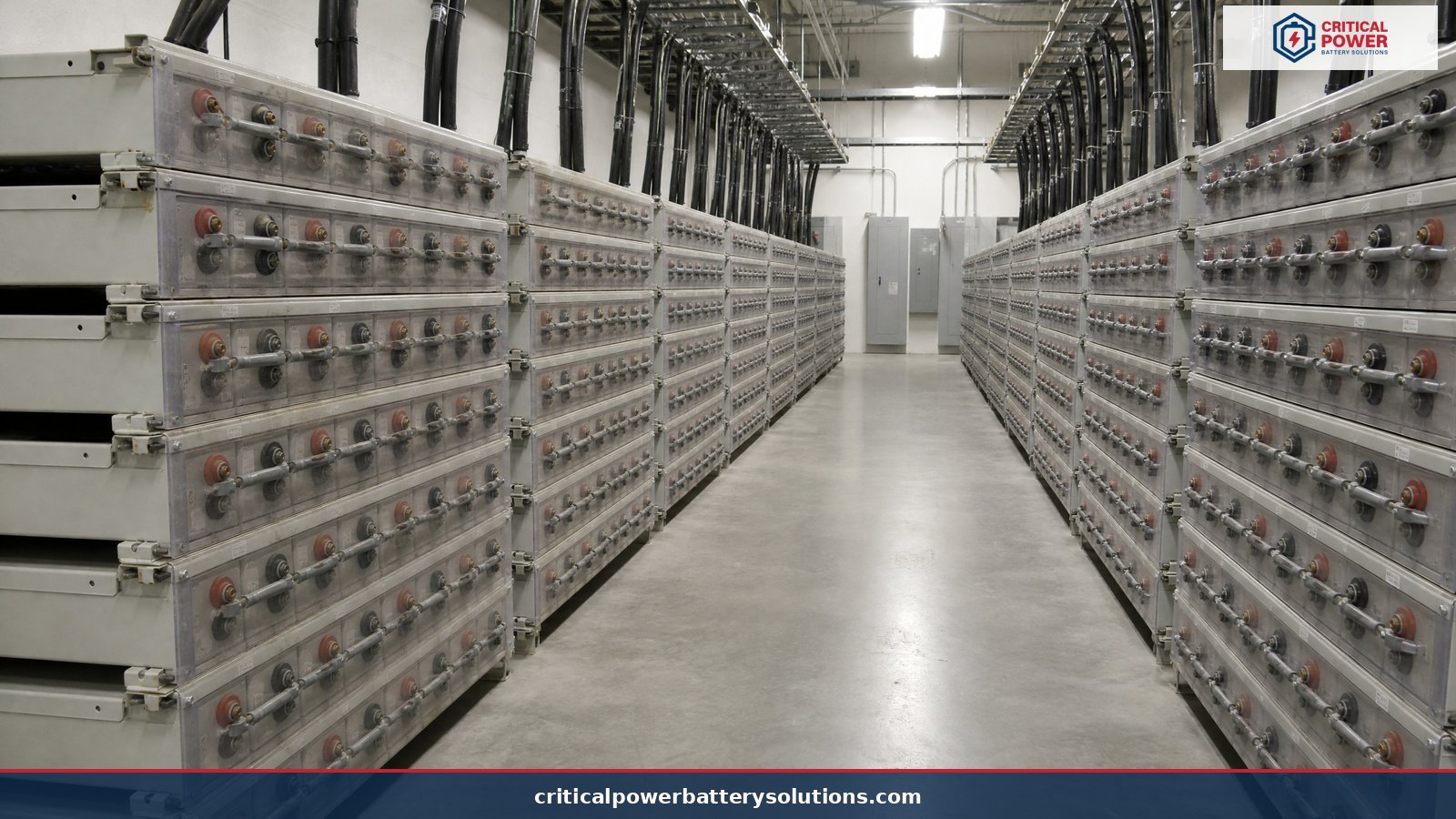 Exide era Absolyte install base: the strings reaching end of life today Data center battery room aisle lined with Absolyte stacks, the Exide era install base now reaching end of life
