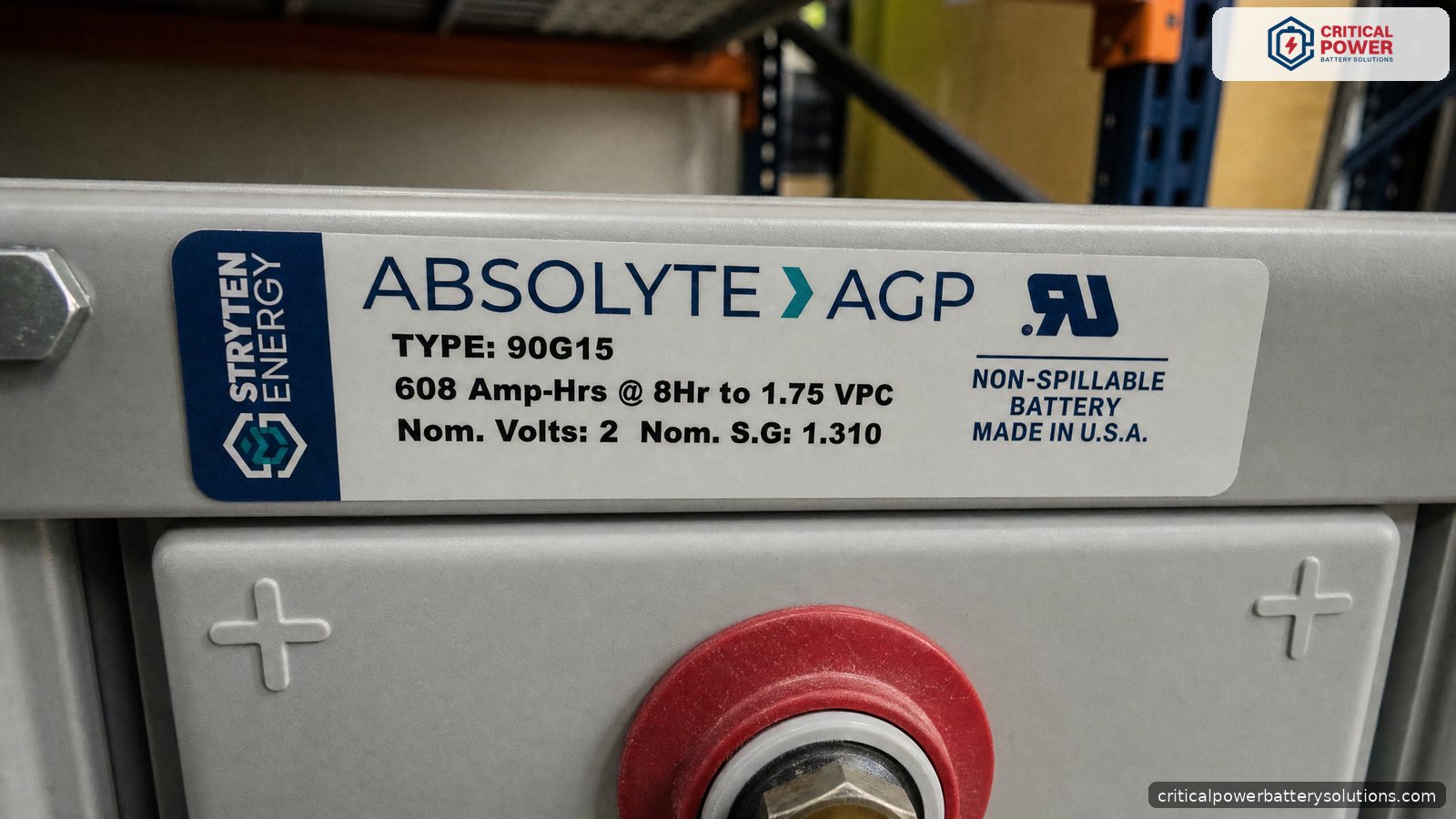 Absolyte battery quote readiness: the module label data that speeds up your quote Close up of a Stryten Absolyte AGP module label showing the type and capacity data a buyer gathers to get quote ready for an absolyte battery purchase