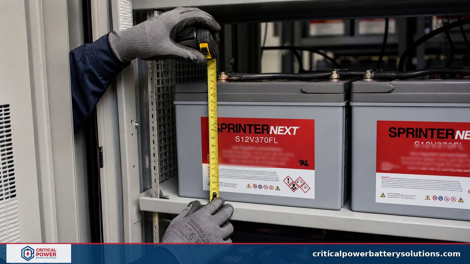 Technician measuring terminal height on a Sprinter NEXT block inside an open UPS cabinet