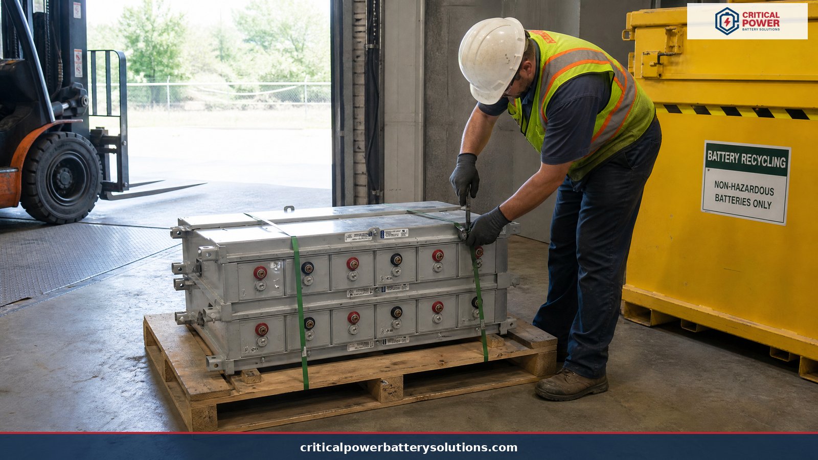 End of life for an Exide era Absolyte string: retired modules staged for lead battery recycling Aged Absolyte battery modules staged on a pallet for recycling at end of life before an exide absolyte battery replacement