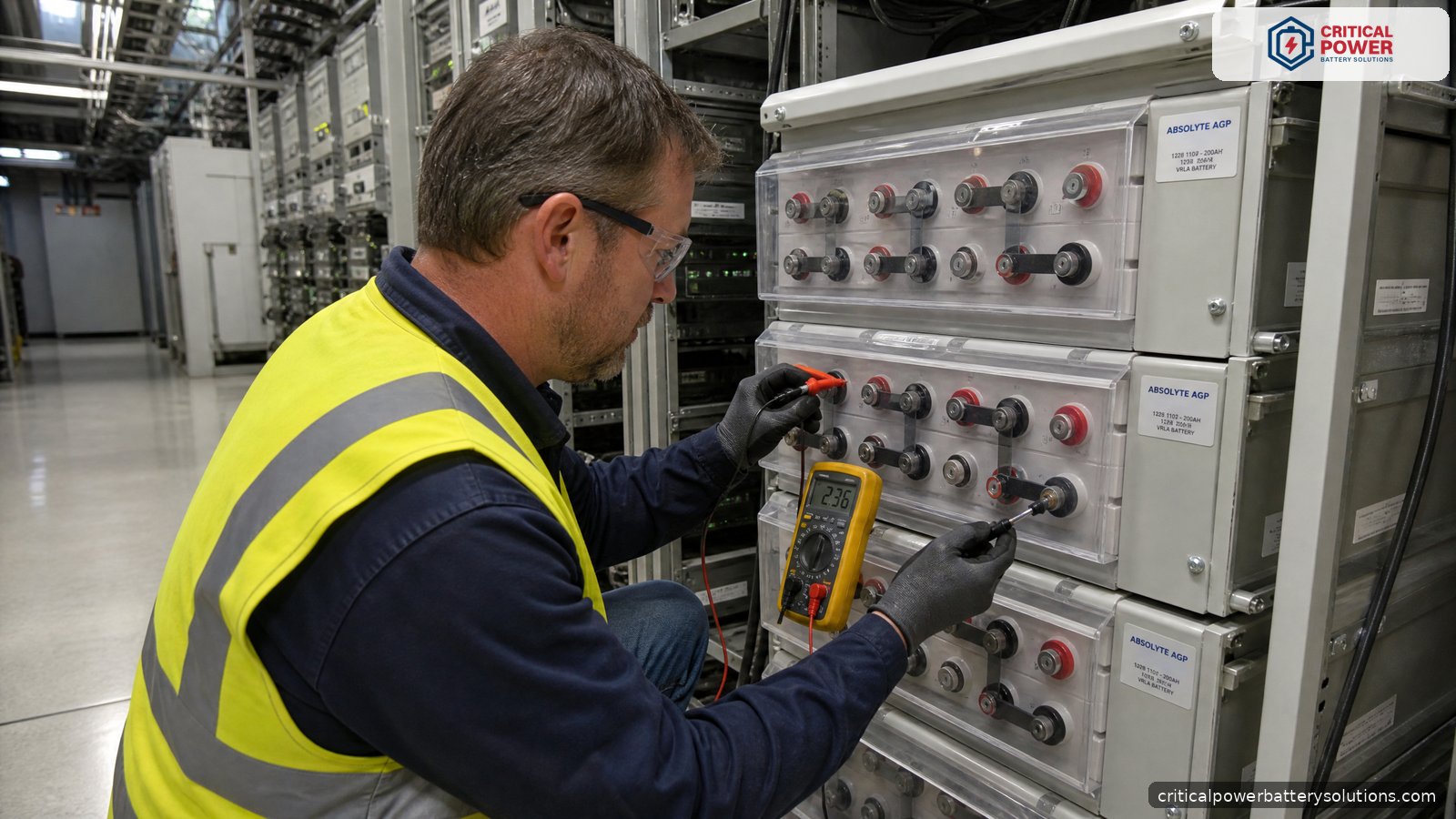 Absolyte battery supplier evaluation: technical support through commissioning and service Technician verifying cell voltage on a Stryten Absolyte AGP string in a telecom office, the technical support that separates battery suppliers